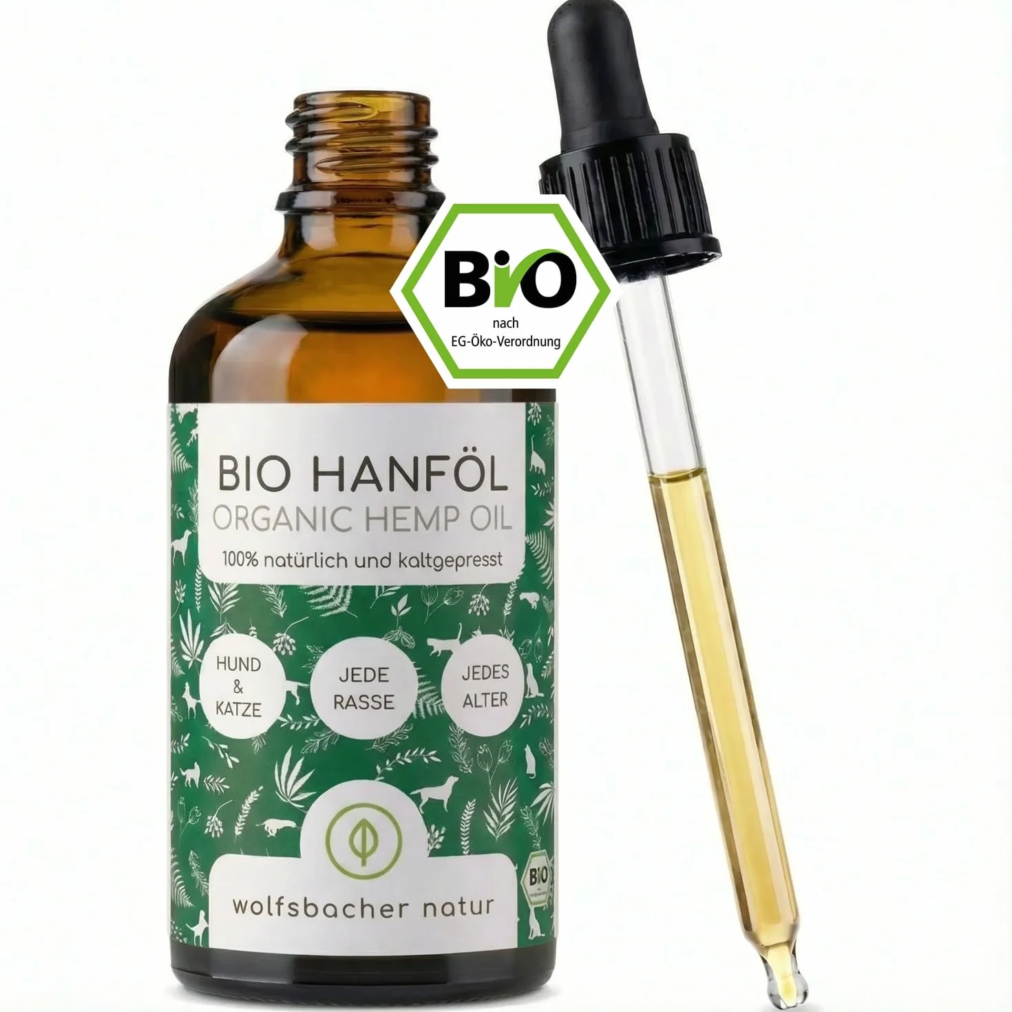 Olej konopny BIO dla psów i kotów 50ml I 100% naturalny, tłoczony na zimno - wsparcie sierści i skóry dzięki Omega 3-6-9, środek uspokajający dla psów - DE-ÖKO-060
