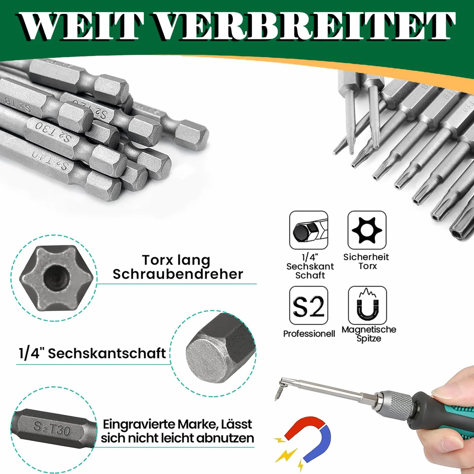 13-częściowy zestaw wkrętaków Torx, bit wkrętakowy 1/4 cala (6,35 mm) 100 mm, magnetyczny wkrętak Torx Star z głowicą z otworem, zestaw bitów elektrycznych S2, T6-T40 do wkrętarek akumulatorowych