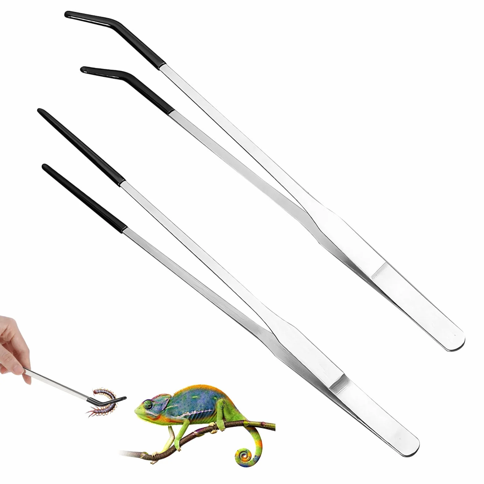 Zestaw szczypiec do karmienia gadów, 2 szt., bardzo długie, 27 cm, zakrzywione, proste pęsety z gumowymi końcówkami, do akwarium, narzędzi terrarium, karmienia węży i przycinania roślin