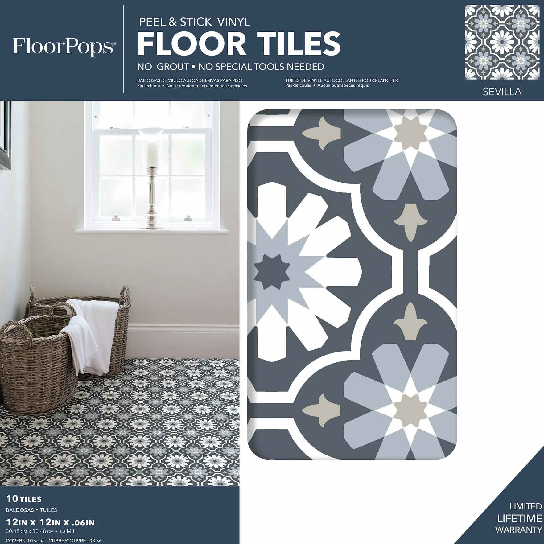 FloorPops FP2944 Sevilla płytki podłogowe typu Peel & Stick, szare, 152 cm dł. x 61 cm szer. x 0,2 cm T