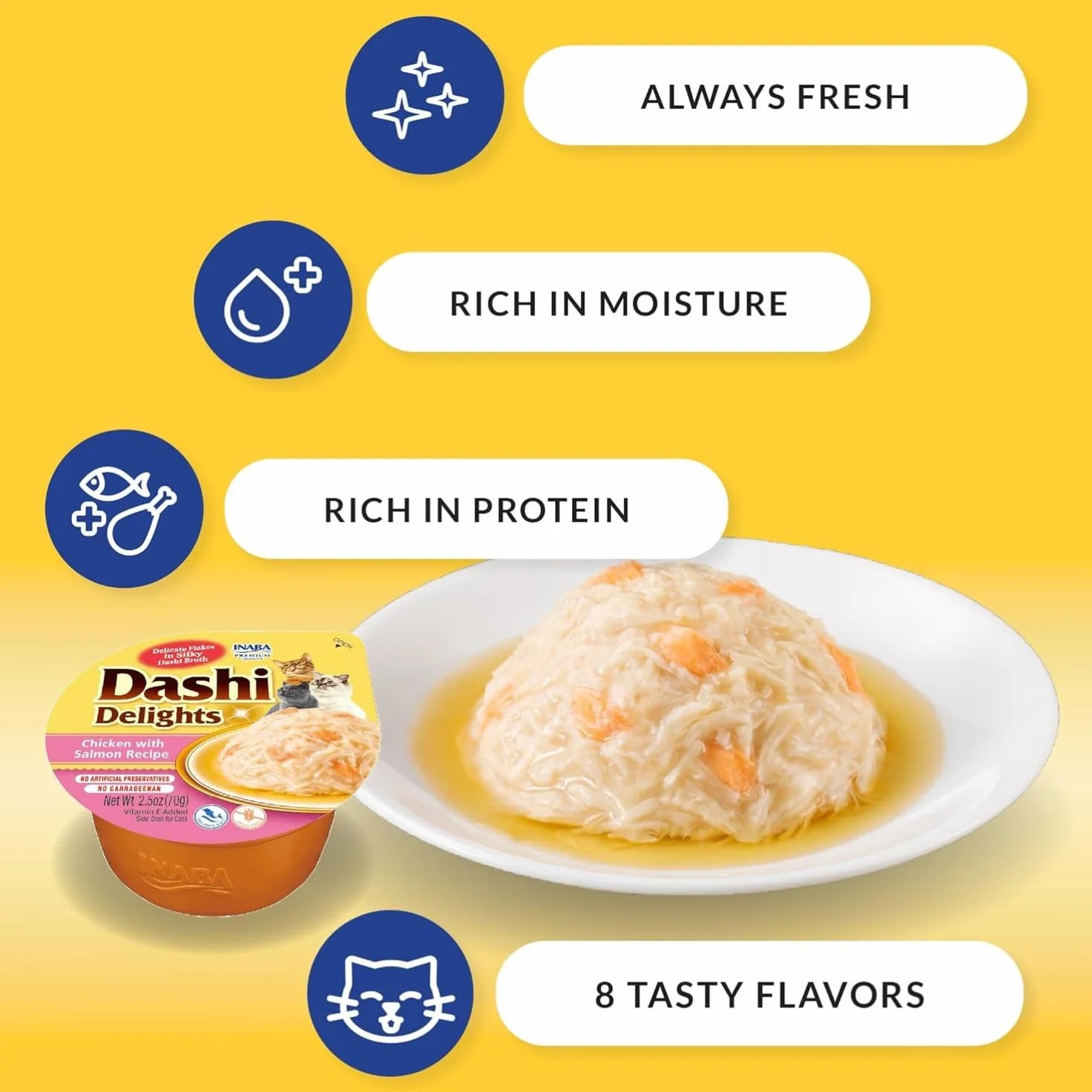 INABA Dashi Delights - Kawałki w bulionie z płatków bonitowych z kurczaka i serem - 1 x 70g - Pyszne i zdrowe - Topping - Bogate w białko - Naturalne składniki - Ciasto dla kotów