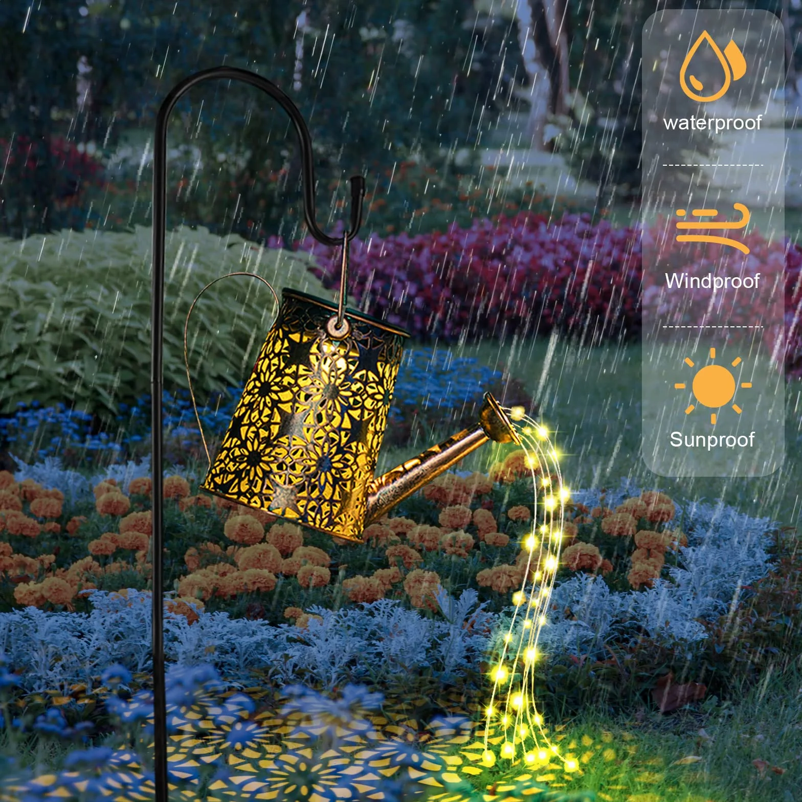 GuKKK Solarna konewka z łańcuchem świetlnym, zewnętrzna lampa solarna LED, IP65, z haczykiem, oświetlenie ogrodowe imitujące podlewanie, do ścieżki ogrodowej na dziedzińcu balkonowym, gwiazda