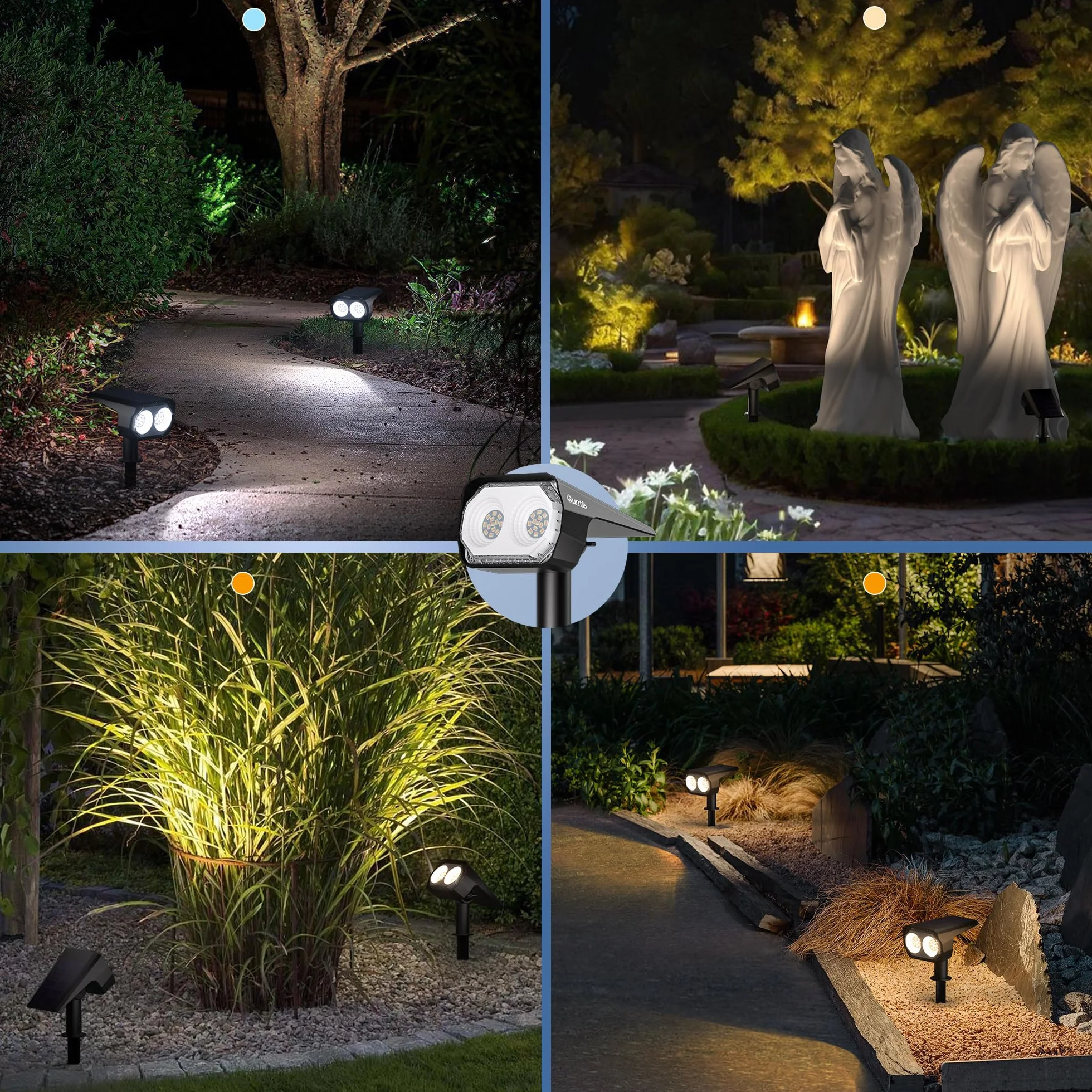 Zewnętrzny reflektor słoneczny Quntis 26LEDs zestaw 2, wodoodporna zewnętrzna lampa słoneczna IP65 z 3 kolorami i 6 trybami, kabel ładujący USB C Zewnętrzne światło słoneczne do dekoracji ogrodu