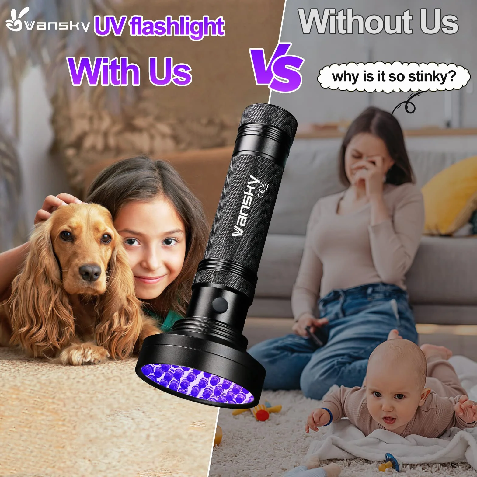 Vansky Lampka UV, czarne światło, 100 LED UV, latarka 395 nm, niebieskie światło, suche, koty, psy, zwierzęta domowe, detektor moczu