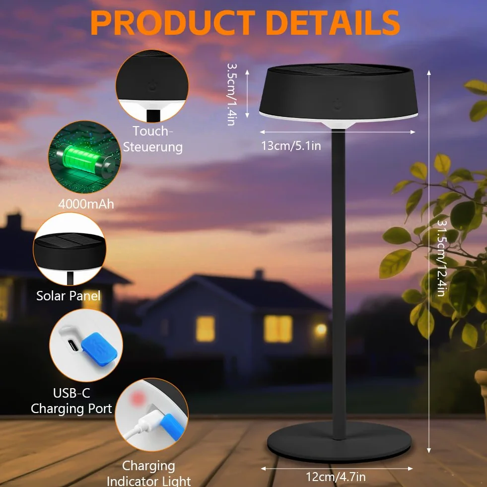 HOTUT Solarna lampa stołowa, bezprzewodowa, 4000 mAh, do użytku na zewnątrz, zasilana energią słoneczną i USB-C, z funkcją ściemniania, dotykowa lampa stołowa LED z 3 trybami kolorów, wodoszczelność