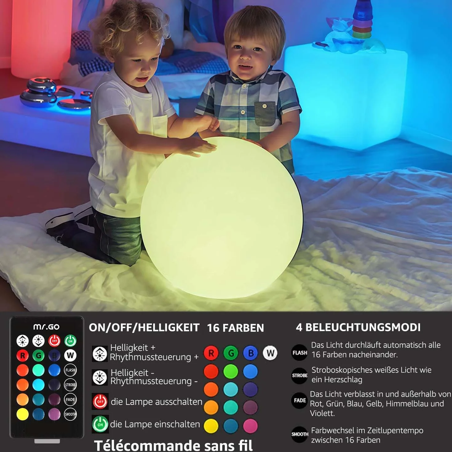 Mr.Go 40cm Wasserdichte Kugelleuchte für Außen, LED Kugel-Lampe Innen, Gartenkugel Aussenlampe Leuchtkugel Stimmungsleuchte mit Farbwechsel, Fernbedienung und 16 Einstellbar RGB Farben