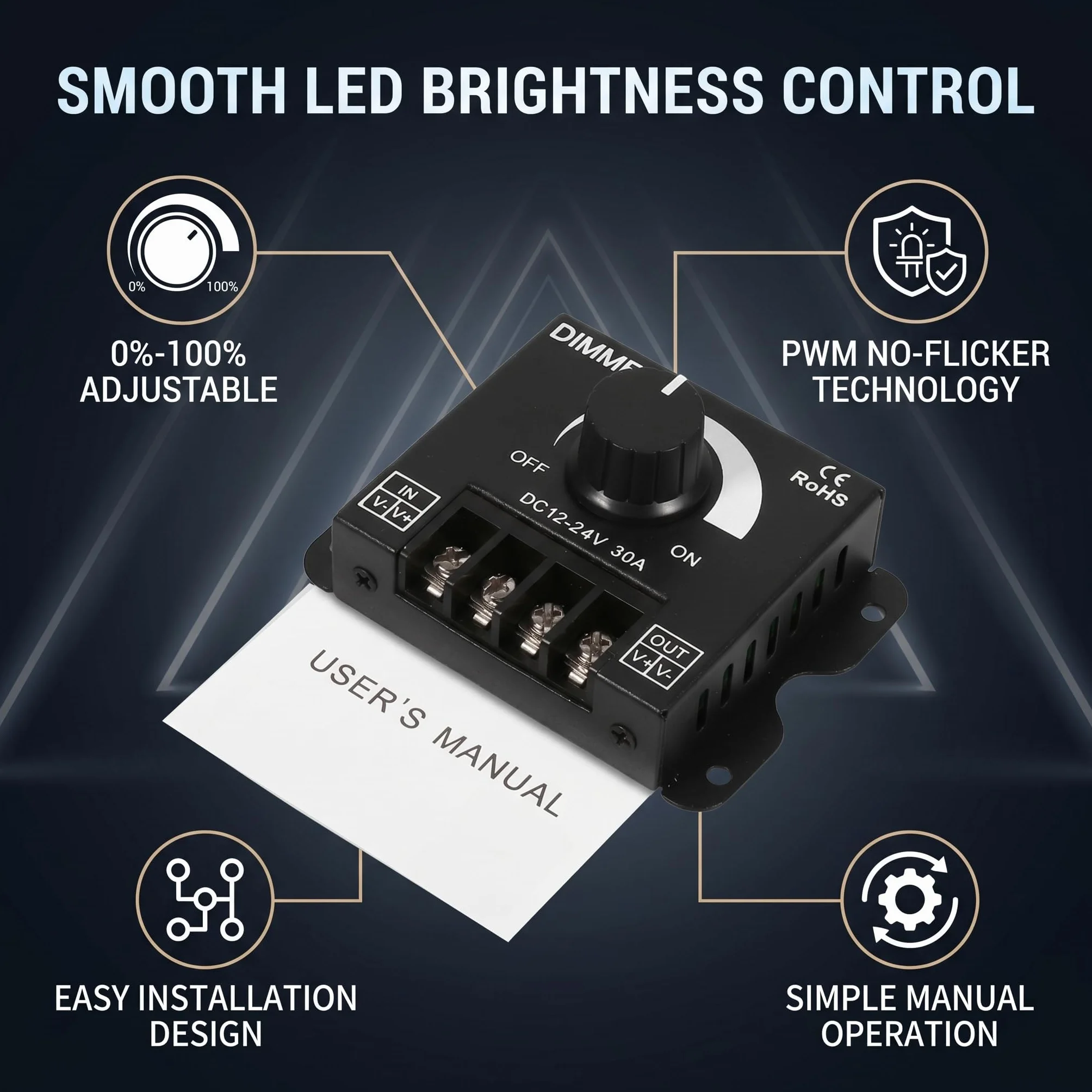 Ściemniacz LED PWM DC 12V-24V 30A, Kontroler ściemniania do Taśmy LED