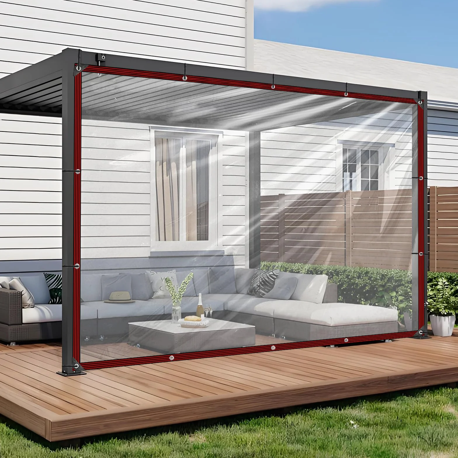 Przezroczysta plandeka – 2 x 3 m, wodoszczelna, z oczkami, przezroczysta, do domku wodnego, plandeka ogrodowa, plandeka ochronna na taras, balkon, do użytku na zewnątrz, do wiaty samochodowej