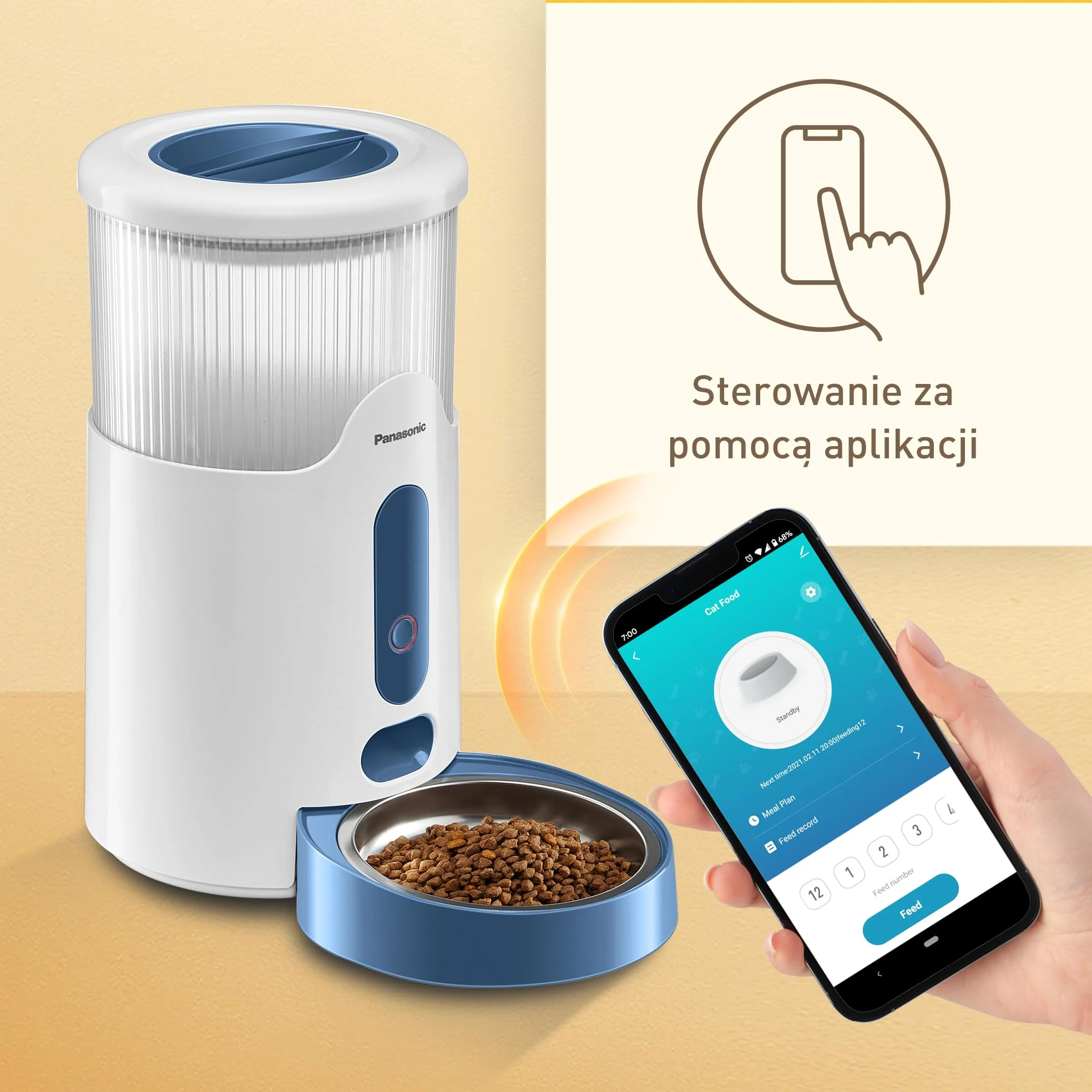 Panasonic CP-JNF01-W Inteligentny Podajnik Karmy dla Kotów i Średnich Psów, Pojemność 2,8 L, Zdalne Sterowanie Aplikacją, Monitorowanie Poziomu Jedzenia, Wi-Fi, Do Zmywarki, Podwójne Zasilanie, Biały
