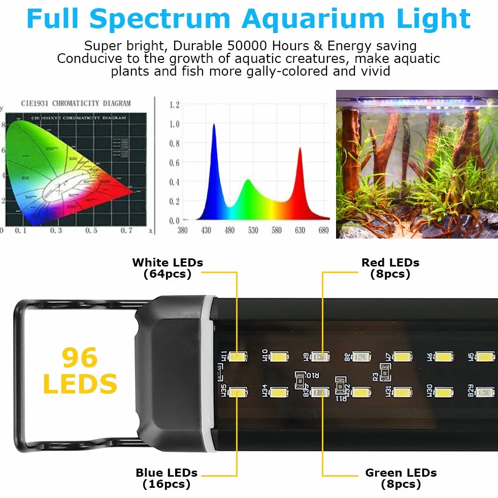 Oświetlenie LED do akwarium, lampa [pełne spektrum, czerwone, zielone, niebieskie, białe] z timerem, 10 poziomów jasności, ściemnianie, IP66, wodoszczelna