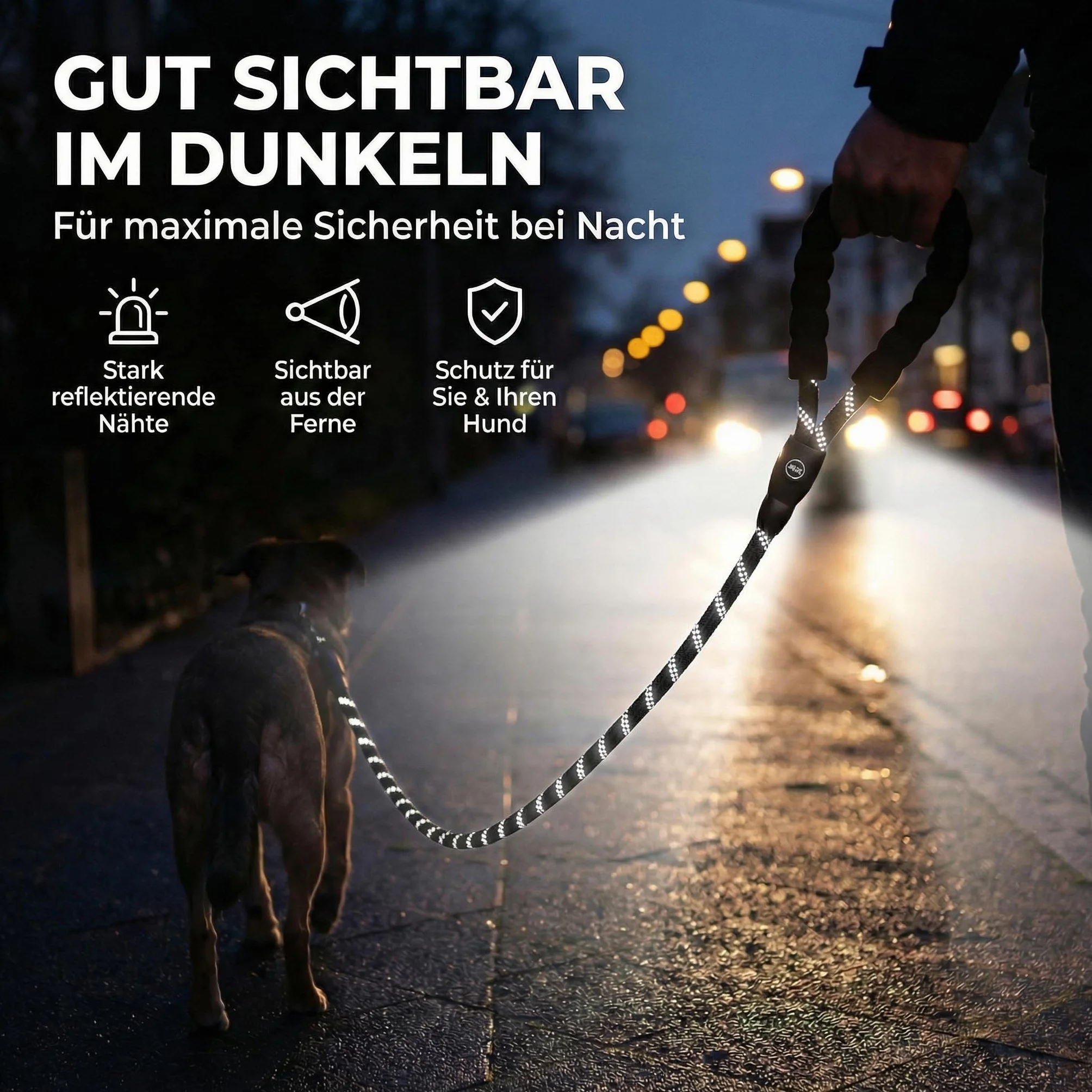 HUND IST KÖNIG Smycz dla psa, na spacery i treningu, z miękkim uchwytem i elementami odblaskowymi, idealna smycz do noszenia na co dzień dla psów o wadze 10-25 kg (True Black, 3,0 x 1,2 cm)