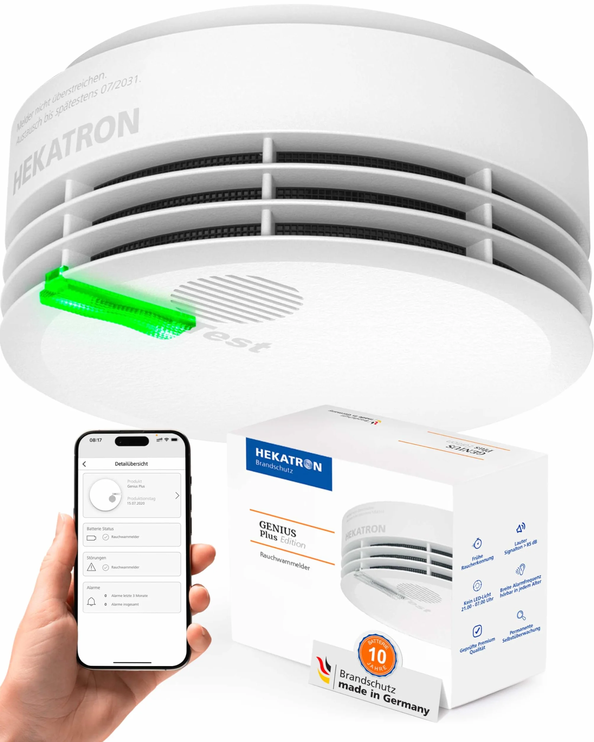 Hekatron Rauchmelder Genius Plus Edition 2021 – 10 Jahre Batterie – Testsieger Stiftung Warentest – inkl. 1 x Klebepad – App-unterstützt – Rauchwarnmelder – mehrsprachig, Amazon Exclusive - 1 Stück