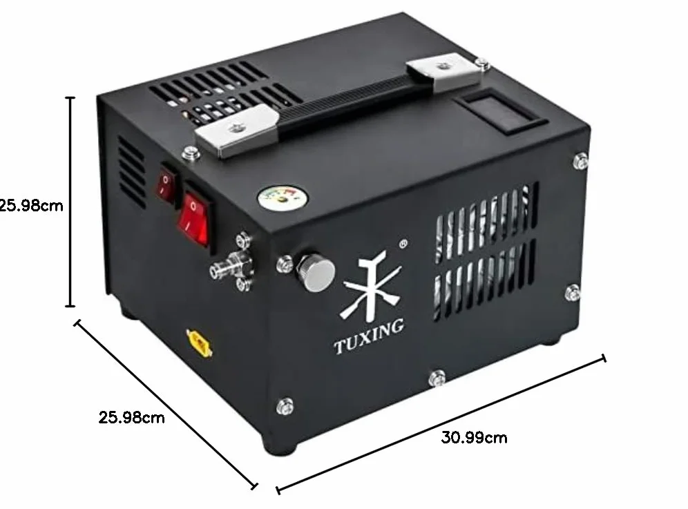 Sprężarka powietrza TUXING Pcp, 4500Psi 30Mpa, bezolejowa/wodna, zasilana samochodem 12 V DC lub domowym 220V AC z adapterem (w zestawie), pompa do wiatrówek i wiatrówek PCP (TXES061)