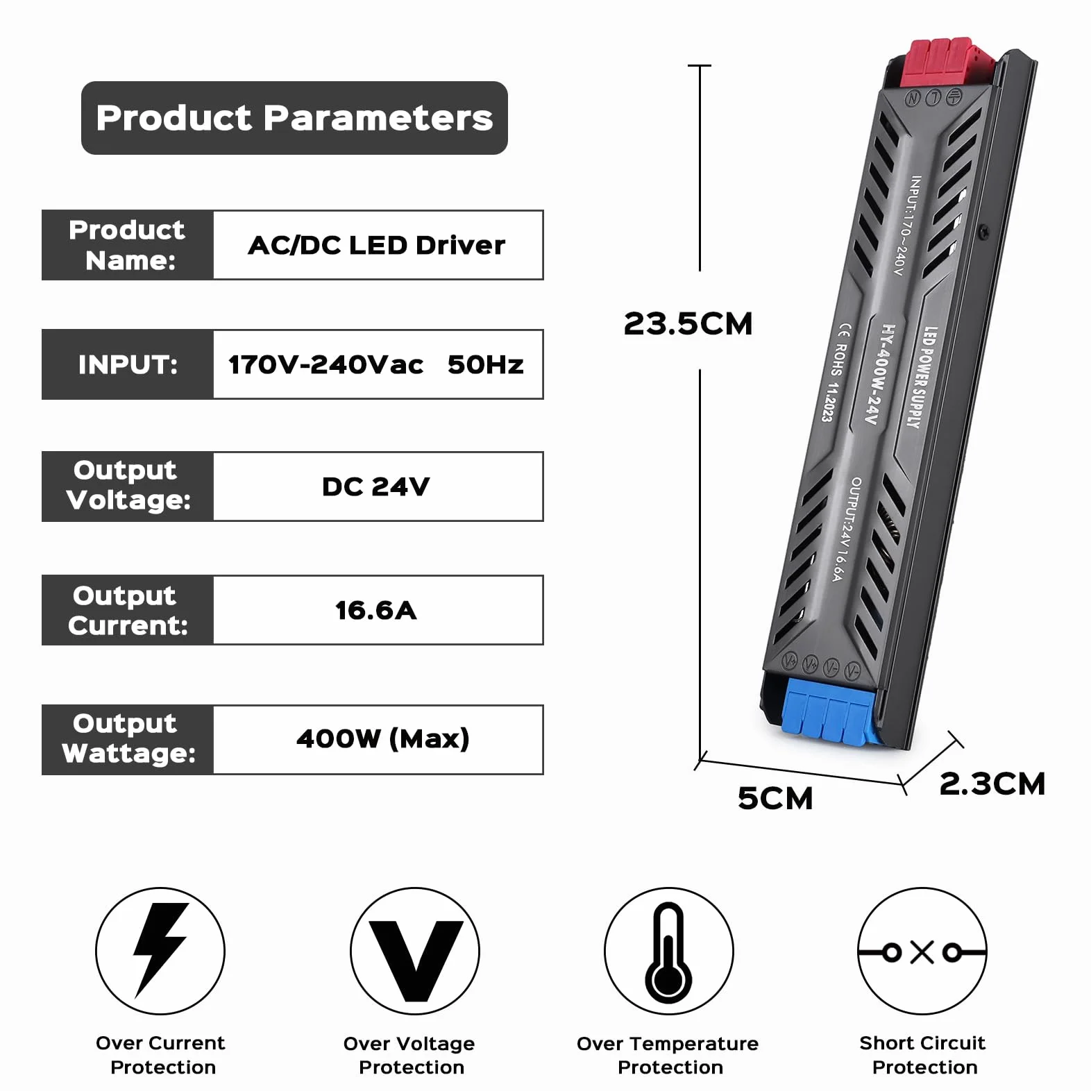 Transformator LED 24V 400W Zasilacz Sterownik LED 16.6A Zasilacz Wejście 220V AC na 24V DC Transformatora Sterownik Stałego Napięcia LED Niskonapięciowy Niskie Transformator