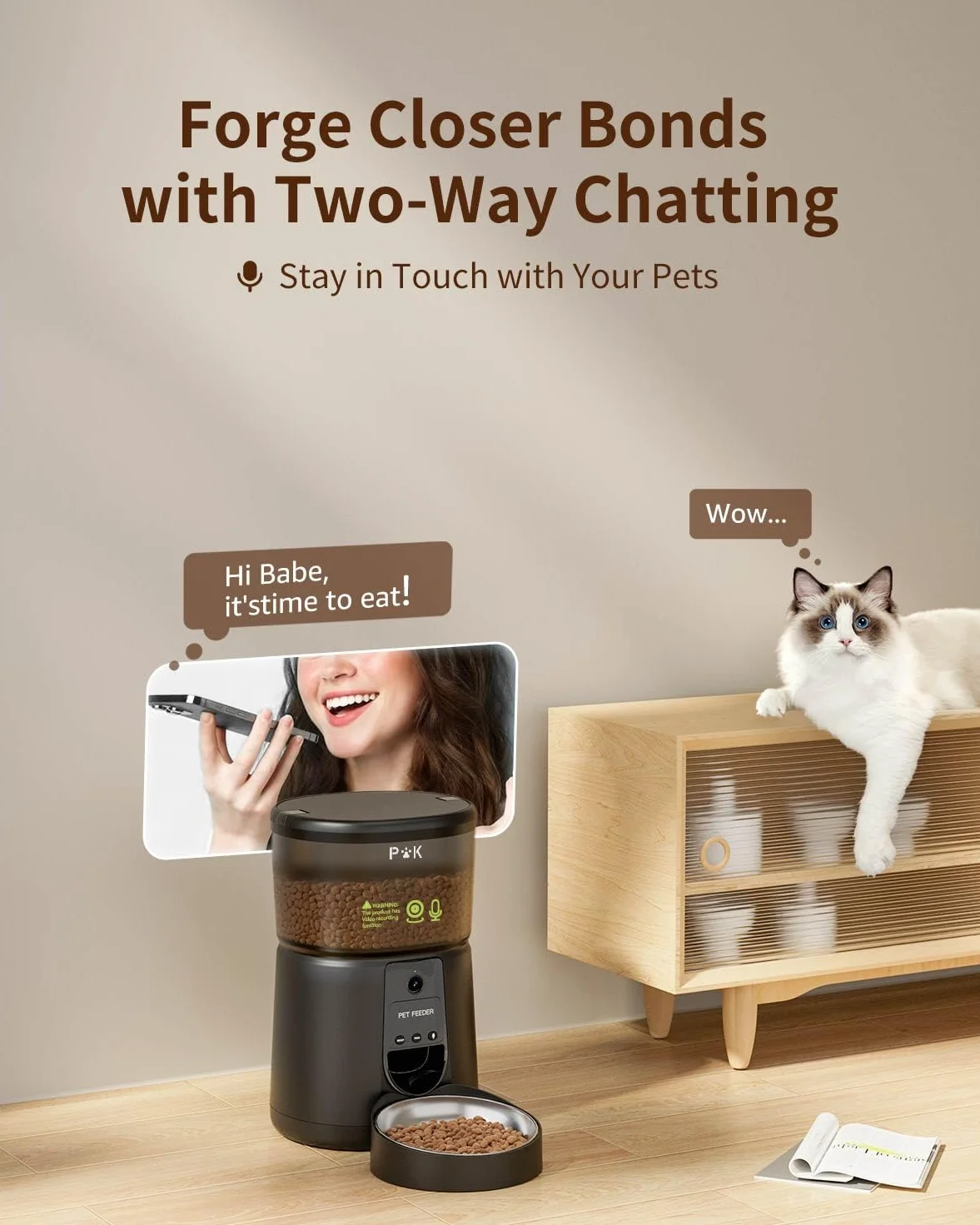 PUPPY KITTY Automatyczny dozownik karmy dla kota z kamerą 1080P, 2,4 G WiFi z aplikacją audio, noktowizor Miska ze stali nierdzewnej, 1–8 posiłków dziennie