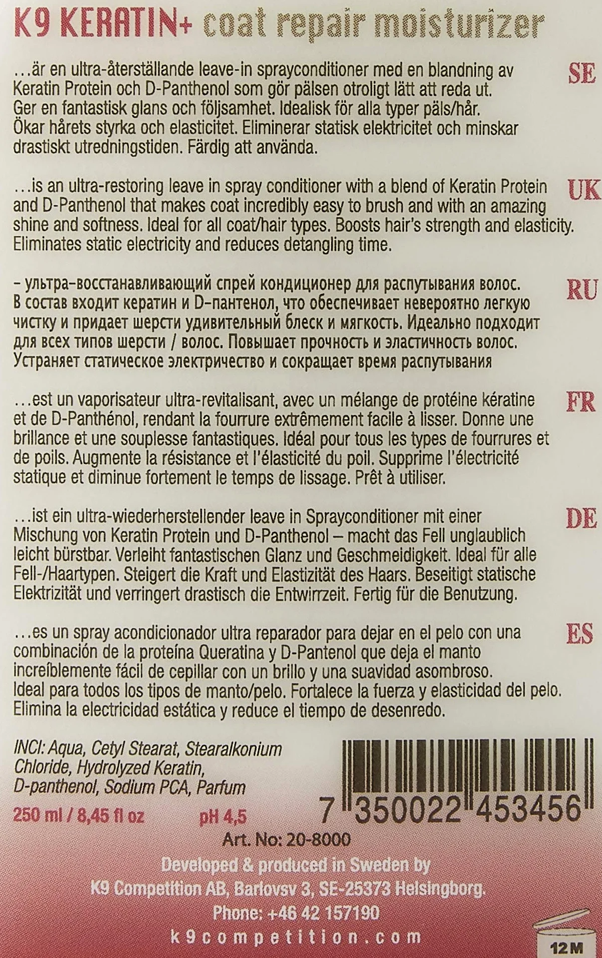 K9 Keratyna + Naprawa sierści w sprayu dla psów 250 ML