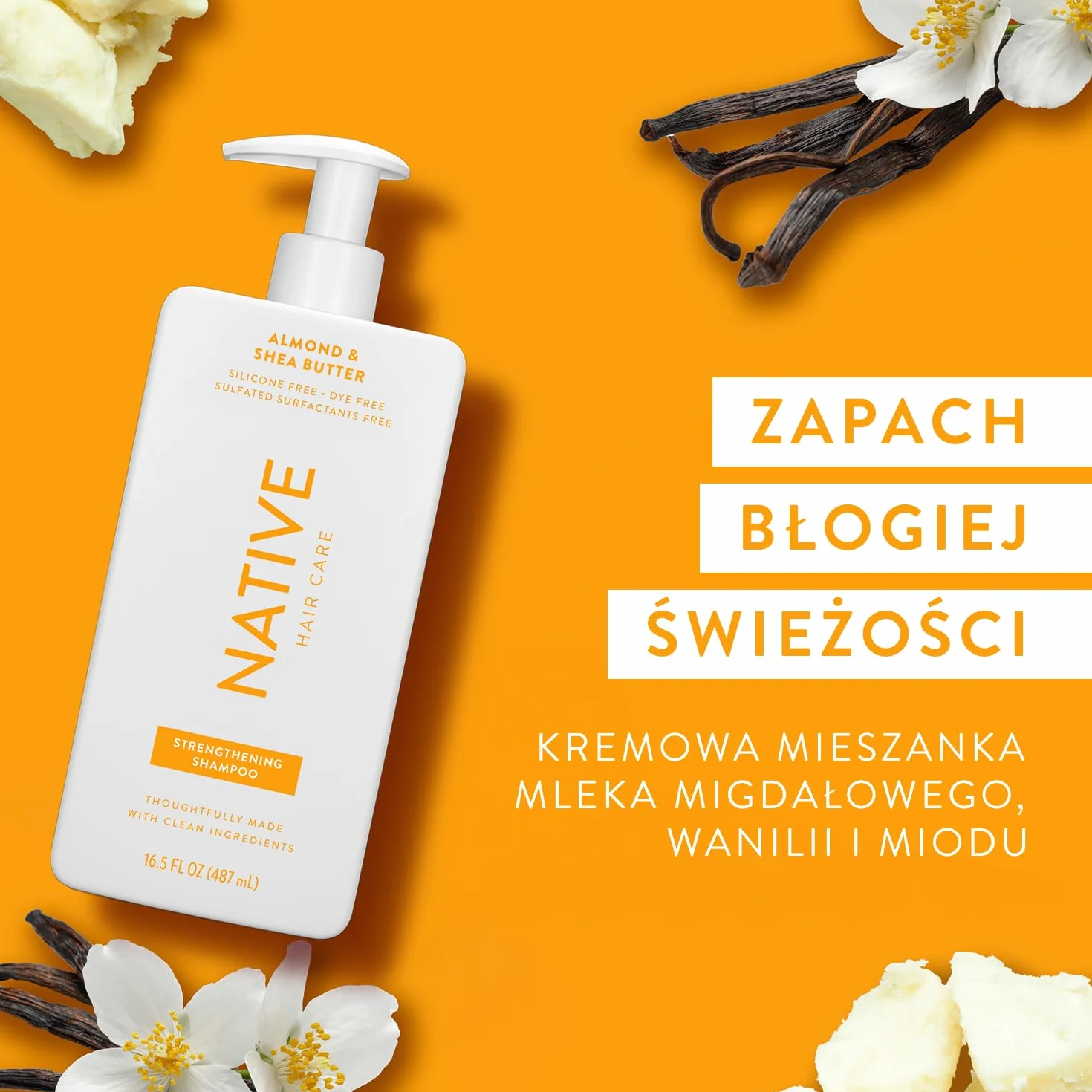 Native Wegański szampon wzmacniający z masłem migdałowym i shea, czystym, siarczanami, parabenami i niezawierającym silikonu