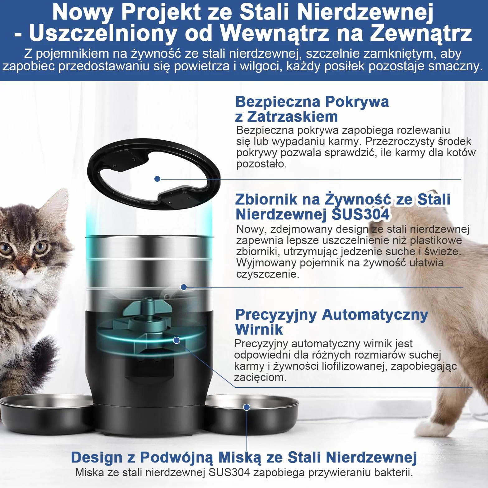 5L Automatyczny Dozownik Karmy Dla Kotów z Podwójnymi Miskami, 2.4G WiFi Zapobiegający Zatorom 1-40 Porcji Spersonalizowane Karmienie 24-Godzinna Rezerwacja, Automatyczny Dozownik Dla Psów i Kotów