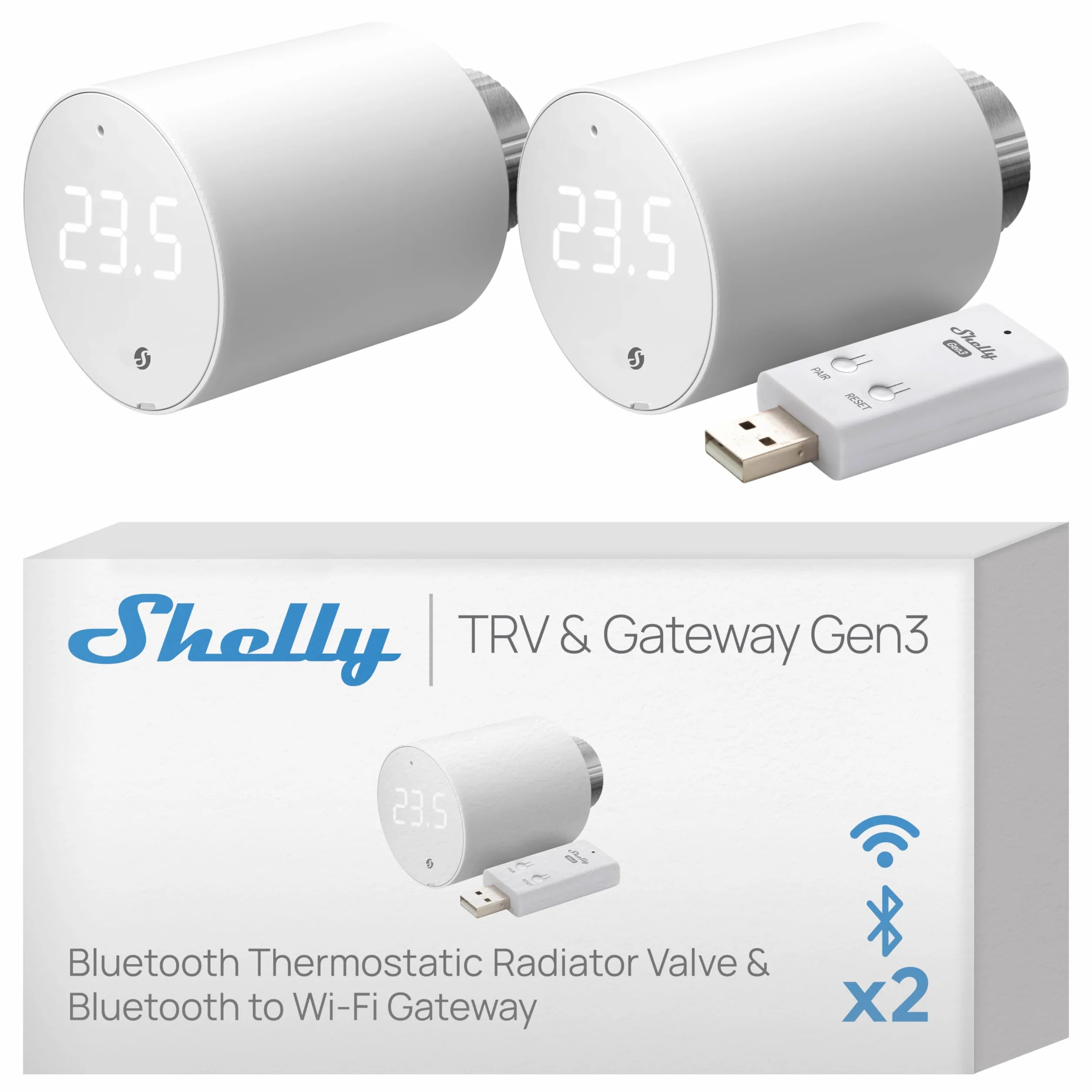 Shelly Blu TRV & Shelly Blu Gateway Gen3- Inteligentny Termostat Grzejnikowy, Precyzyjna Kontrola Temperatury, Obrotowy Ekran, Długotrwałe Baterie, Bluetooth Do Wi-FI Gateway W Zestawie