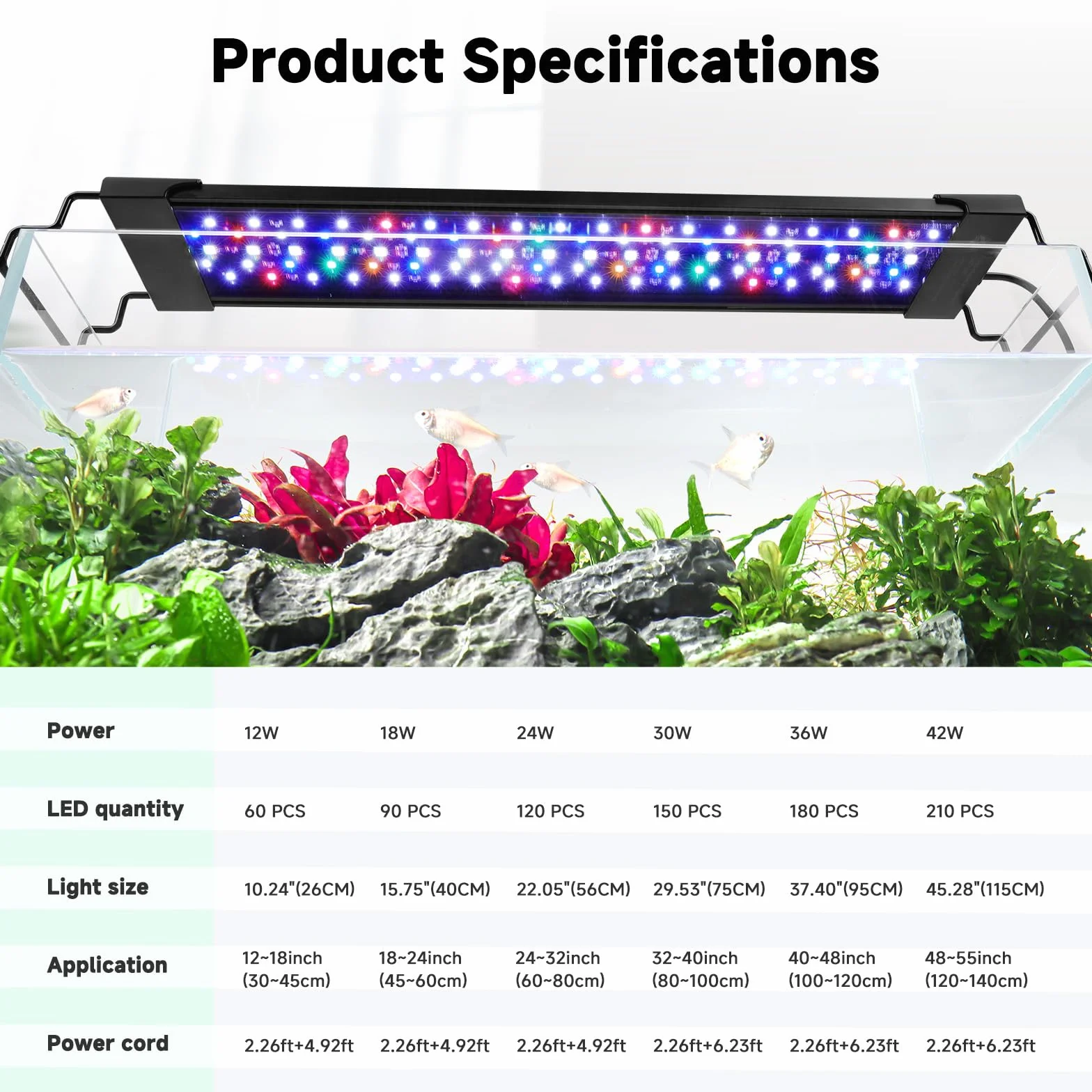 AQQA Oświetlenie LED do Akwarium, 24 W, Pełne Spektrum Światła 24/7, Tryby, Regulacja Jasności, Lampa do Akwarium, 60-80 cm
