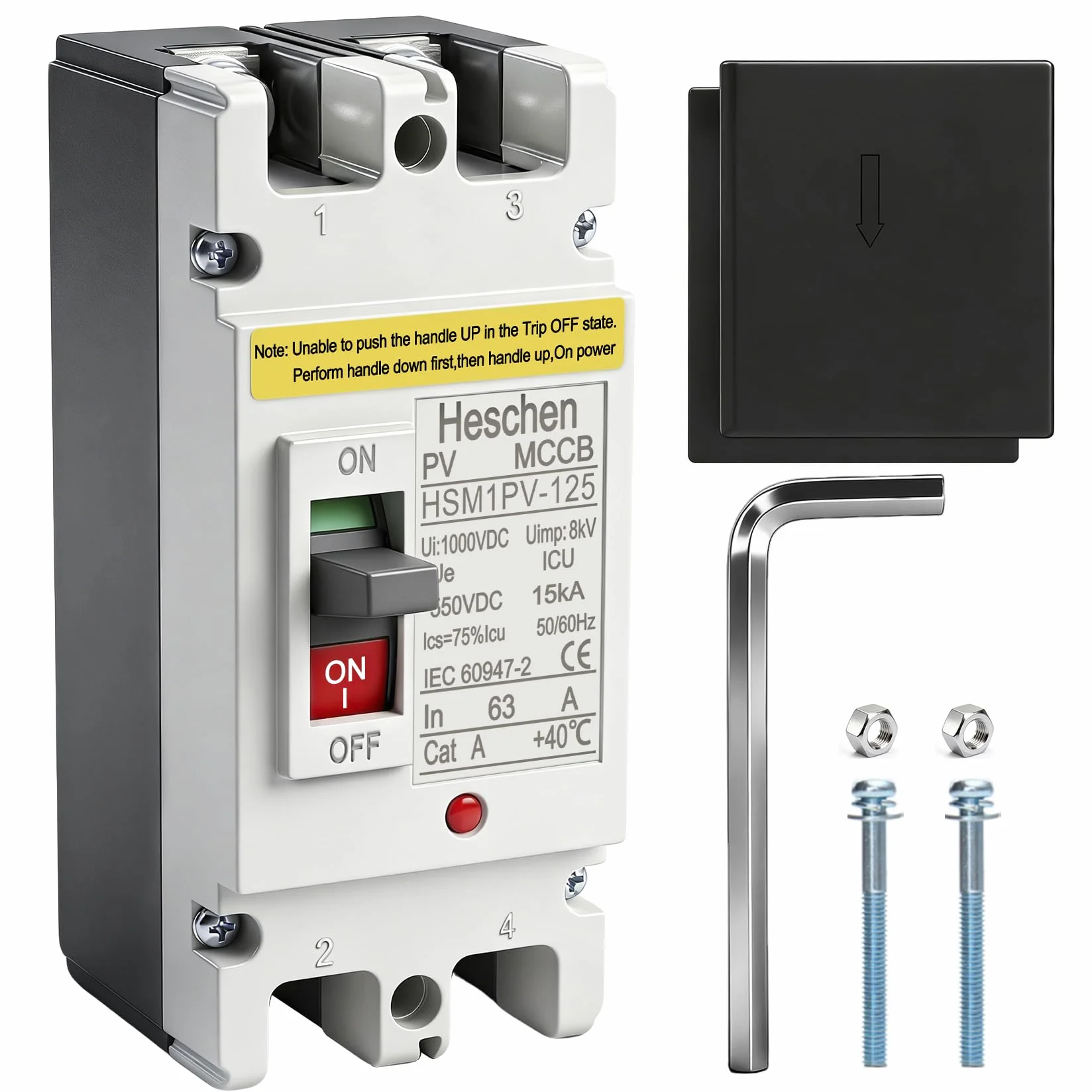 Heschen Wyłącznik DC MCCB, HSM1PV-125, 2-biegunowy, DC550V 63A, wyłącznik fotowoltaiczny, do instalacji solarnych PV modułów solarnych system sieciowy