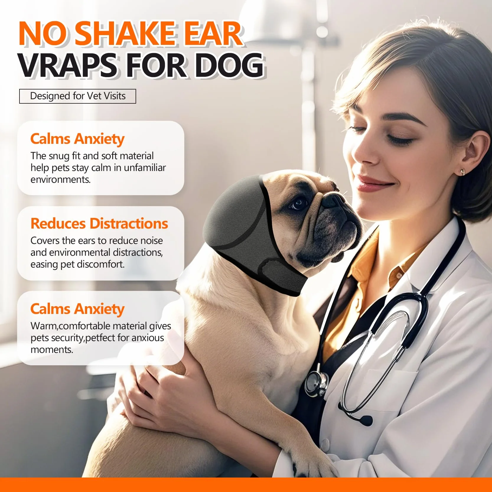 Mufki na uszy dla psów & No Shake Ear Wrap do krwiaków, kąpieli, suszenia i łagodzenia lęku przed hałasem – elastyczne, wodoodporne nauszniki z kojącym wzorem z kapturem do pielęgnacji (szare