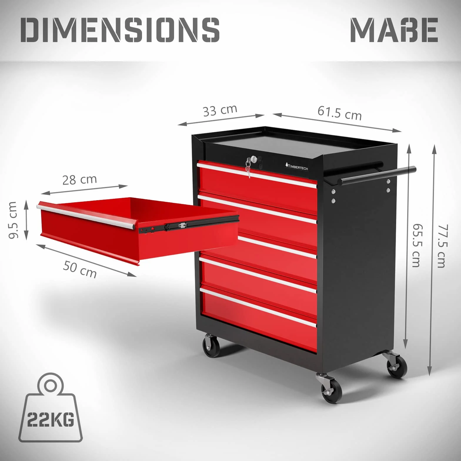 TIMBERTECH® Wózek warsztatowy na kółkach – pusty, 5 szuflad z wkładkami, zamykany, hamulec postojowy, stal, czerwono-czarny – wózek narzędziowy, wózek montażowy, wózek do warsztatu, akcesoria