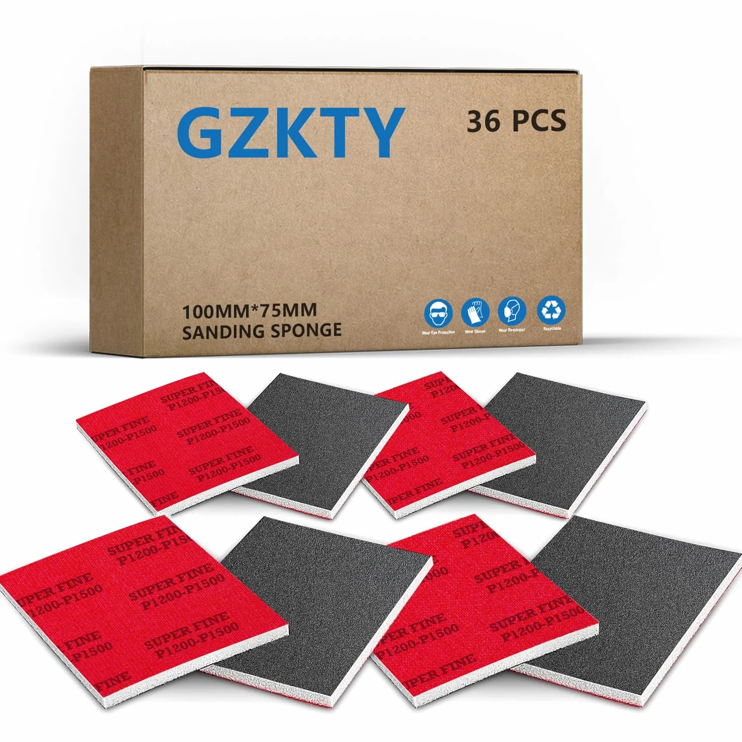 Zestaw 36 gąbek szlifierskich 75 mm x 100 mm, gąbka do szlifowania na mokro, ziarnistość P1200-1500, blok szlifierski do lakieru samochodowego, gąbka szlifierska do metalu, modelarstwa, lakieru