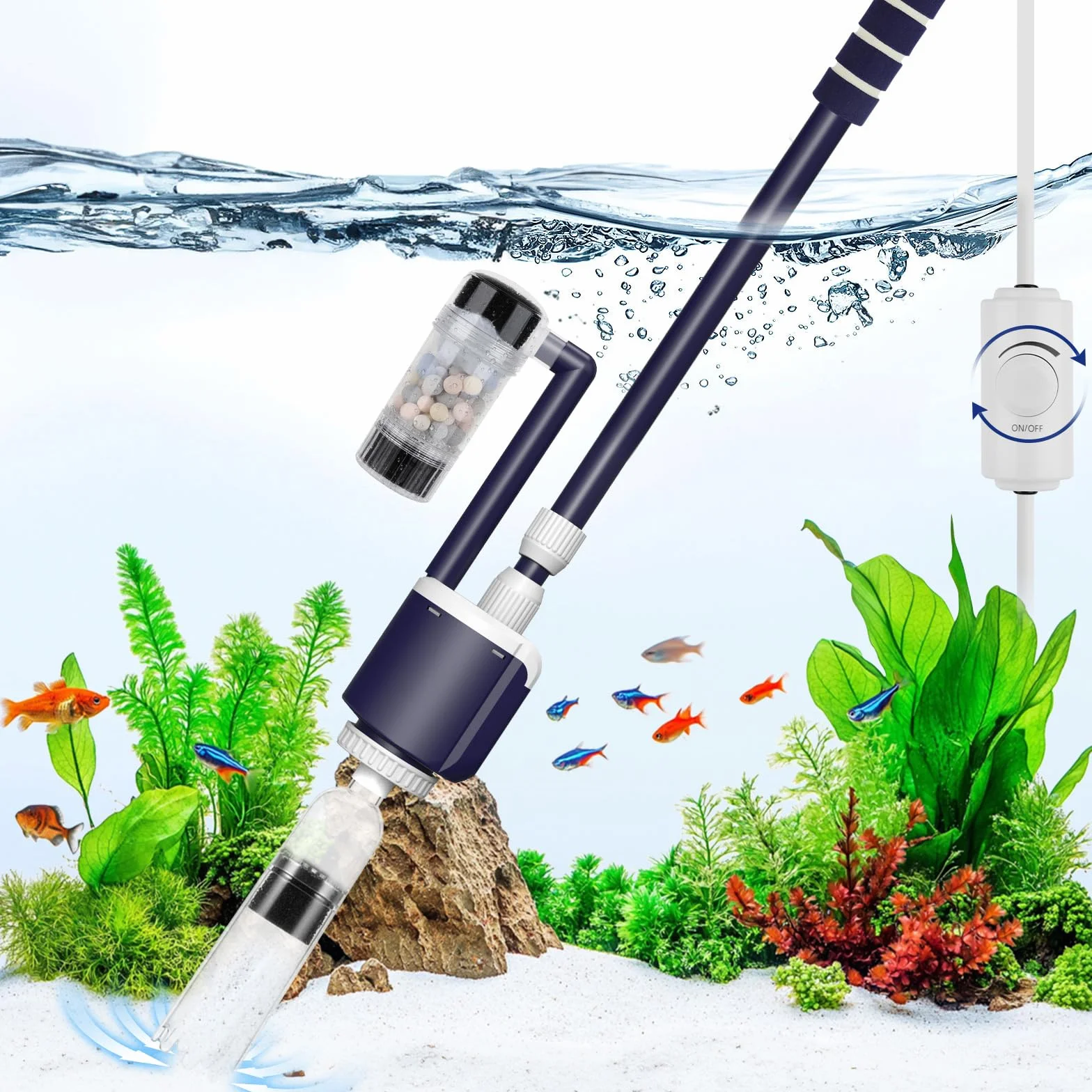 AQQA Odkurzacz do akwarium, DC 2300 l/h, regulowany przepływ wody, elektryczny odkurzacz mulmowy, do akwarium, 32 W, elektryczny odkurzacz mulmowy z potrójną filtracją do wymiany wody, czyszczenie