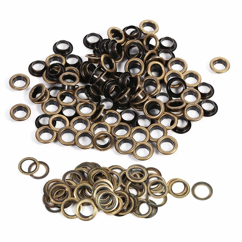 Watris Veiyi Zestaw 100 oczek, nitów otworowych 10 mm, końcówki do eyeletów, brąz, czarno-złote, metalowe oczka do materiału, projektów rzemieślniczych