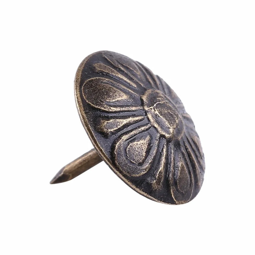100 szt. Vintage gwoździe tapicerskie z brązu, metalowe znaczniki do mebli, sofy, butów, drzwi, dekoracyjne ćwieki, kołki, szpilki i pinezki (zielony brąz 10 × 14 mm)