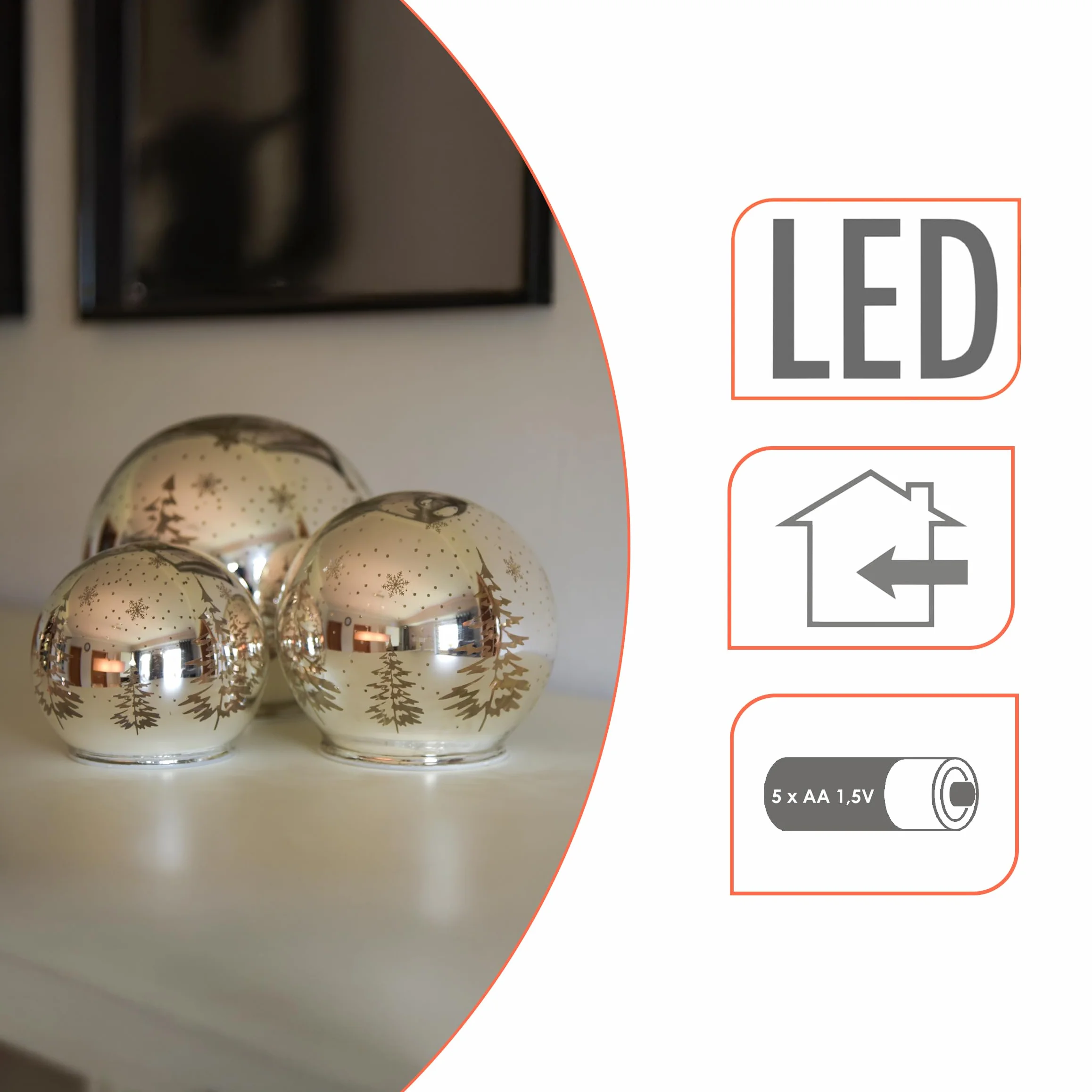 Zestaw 3 świątecznych ozdób LED w kształcie kul - średnica 10 do 15 cm - ciepłobiała iluminacja na stół - dekoracja okien i stołu na śnieg, las zimowy, zasilanie bateryjne