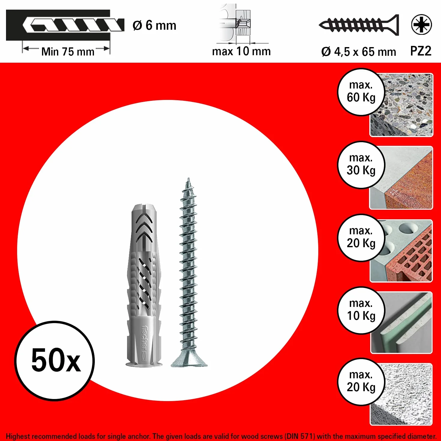 Fischer UX kołki rozporowe ze śrubą 6 x 50 mm zestaw 50 sztuk