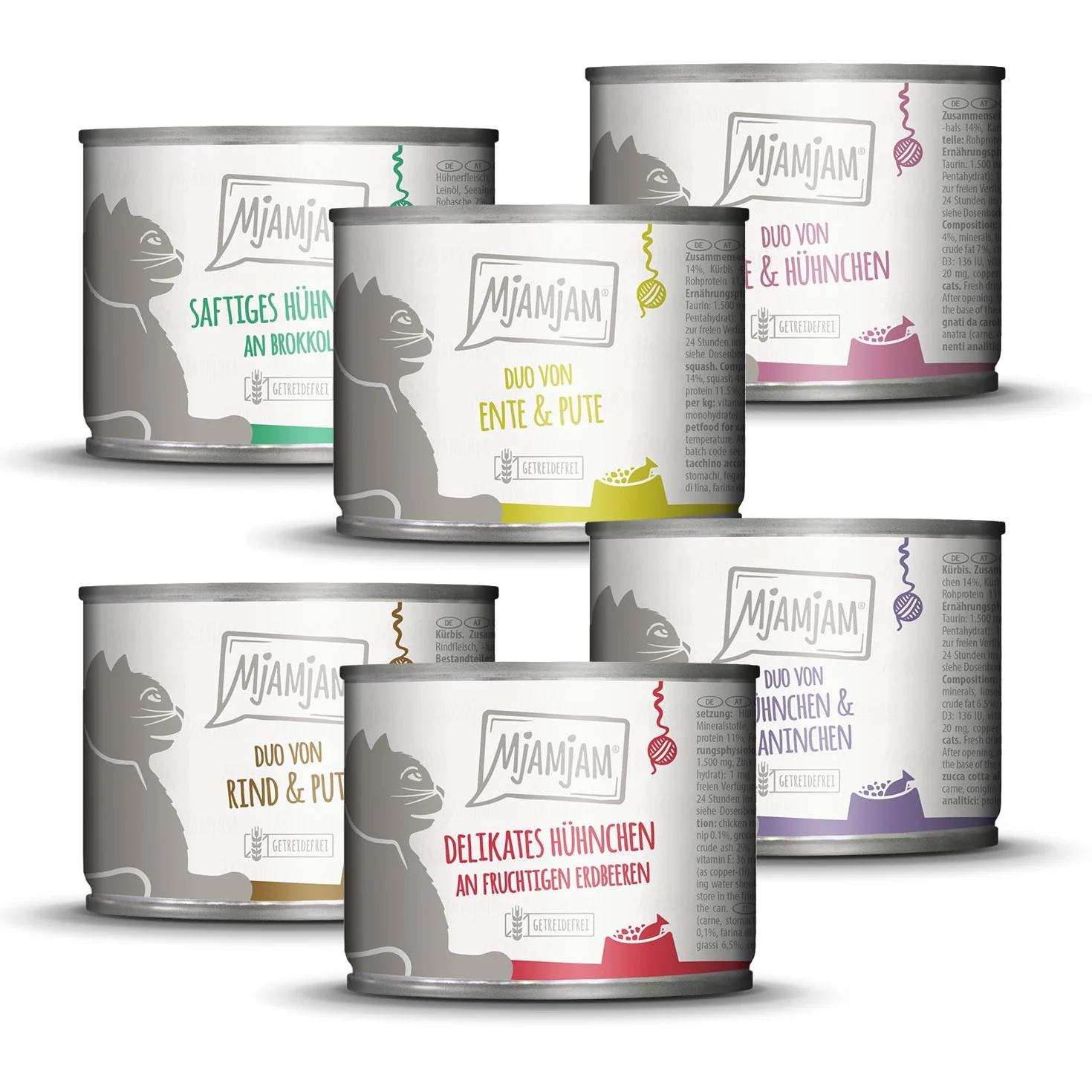 MjAMjAM - Wysokiej jakości mokra karma dla kotów - Mieszana paczka 6 dla Twojego kota, opakowanie 6 szt. (6 x 200 g), bez zbóż z dodatkiem mięsa
