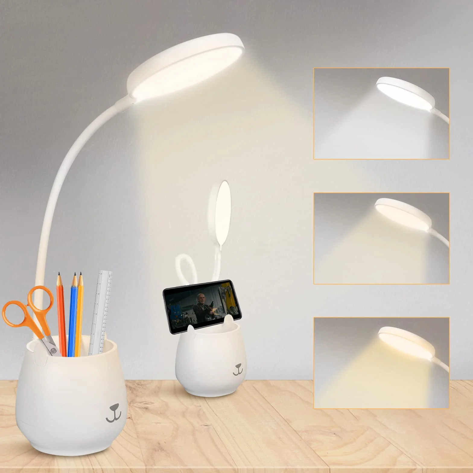 URAQT Lampy na Biurko, Lampa Stołowa LED z Pojemnikiem na Długopis, 4 W, elastyczna lampa do czytania, 3 tryby oświetlenia, sterowanie dotykowe, ładowanie USB, ściemniane przyjazne dla oczu lampy biurkowe do pracy i nauki