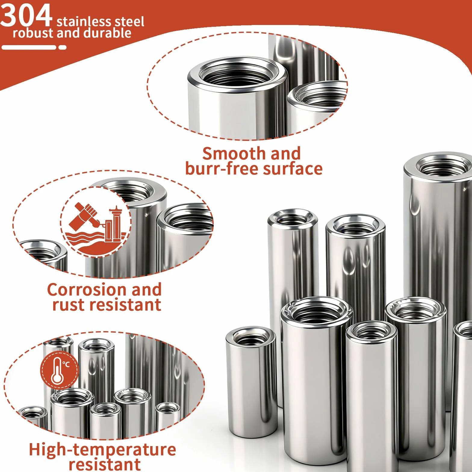 8 sztuk M10 okrągłe mufy gwintowane M10 x 40 x 14 mm okrągłe mufy ze stali nierdzewnej 304 nakrętki łączące długa nakrętka sprzęgła gwint wewnętrzny mufy dystansowe nakrętka do maszyn, mebli