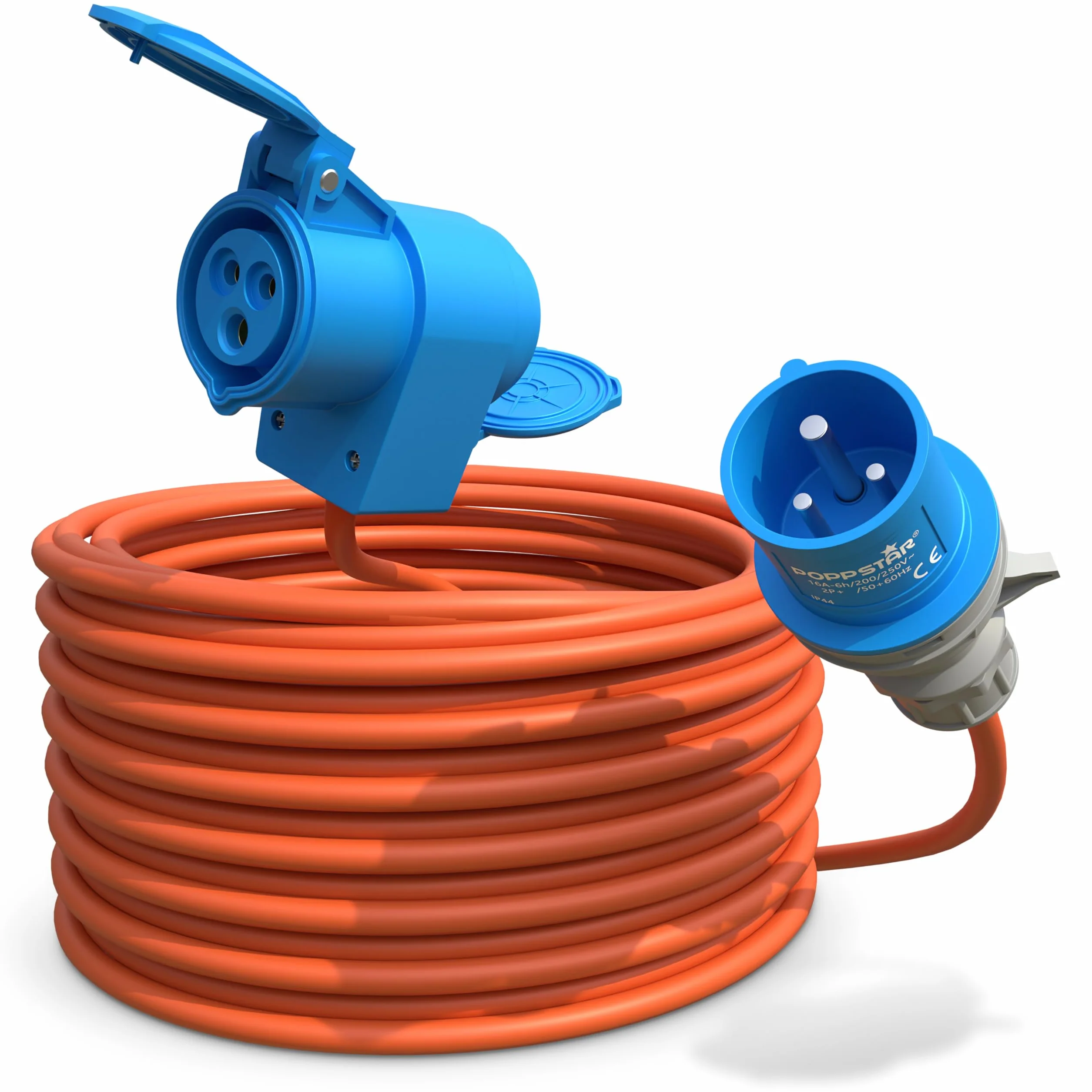 Poppstar kabel CEE 15m z wtyczką Schuko (wtyk CEE 3-biegunowy na gniazdo CEE + gniazdo typu F), 230V/16A, IP44, H07RN-F 3G2.5
