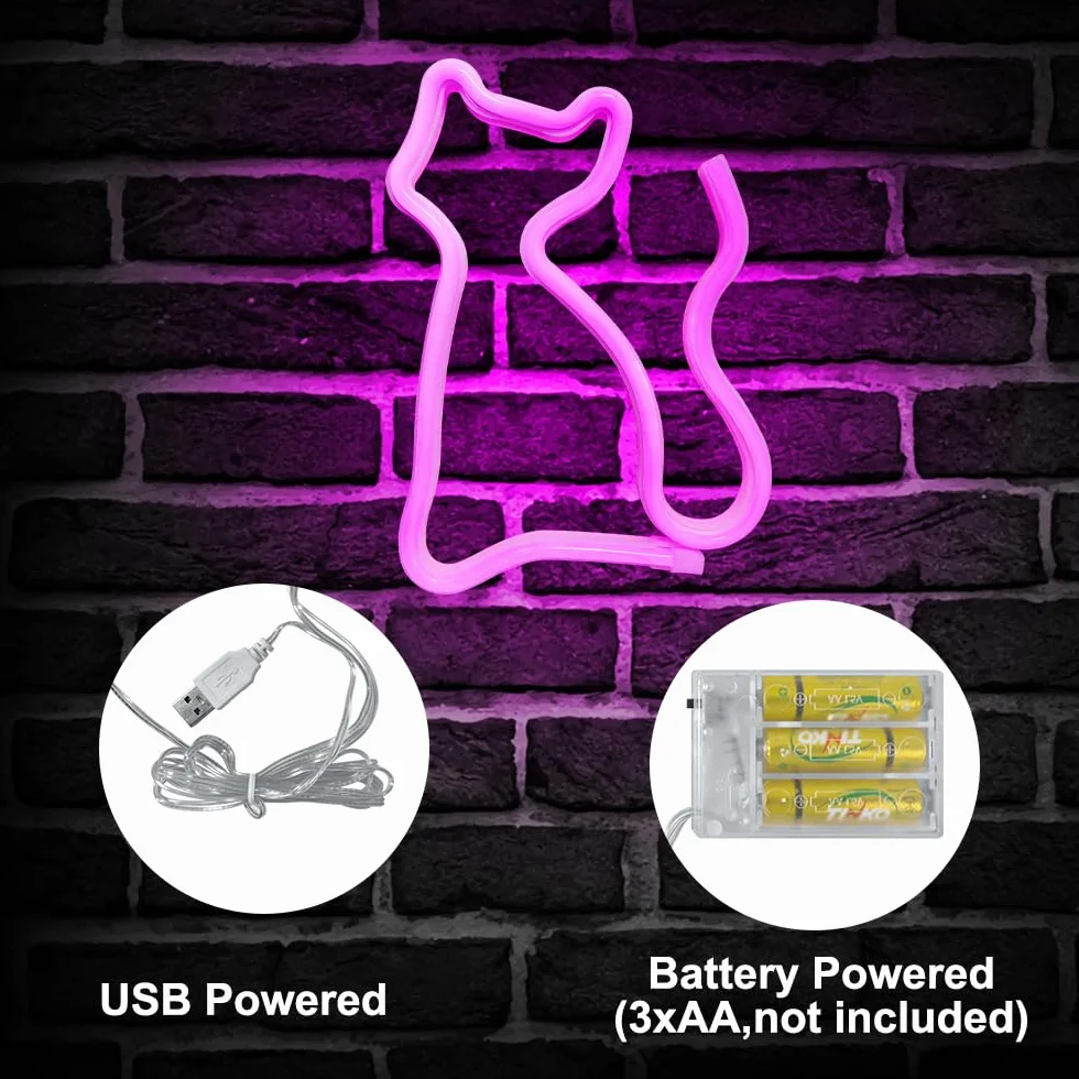 Neonowy znak świetlny z kotem, zasilany baterią USB lub 3 AA neonowy znak, światło LED, artystyczna dekoracja ścienna do sypialni, pokoju, dekoracja ścienna, bar, impreza, Boże Narodzenie