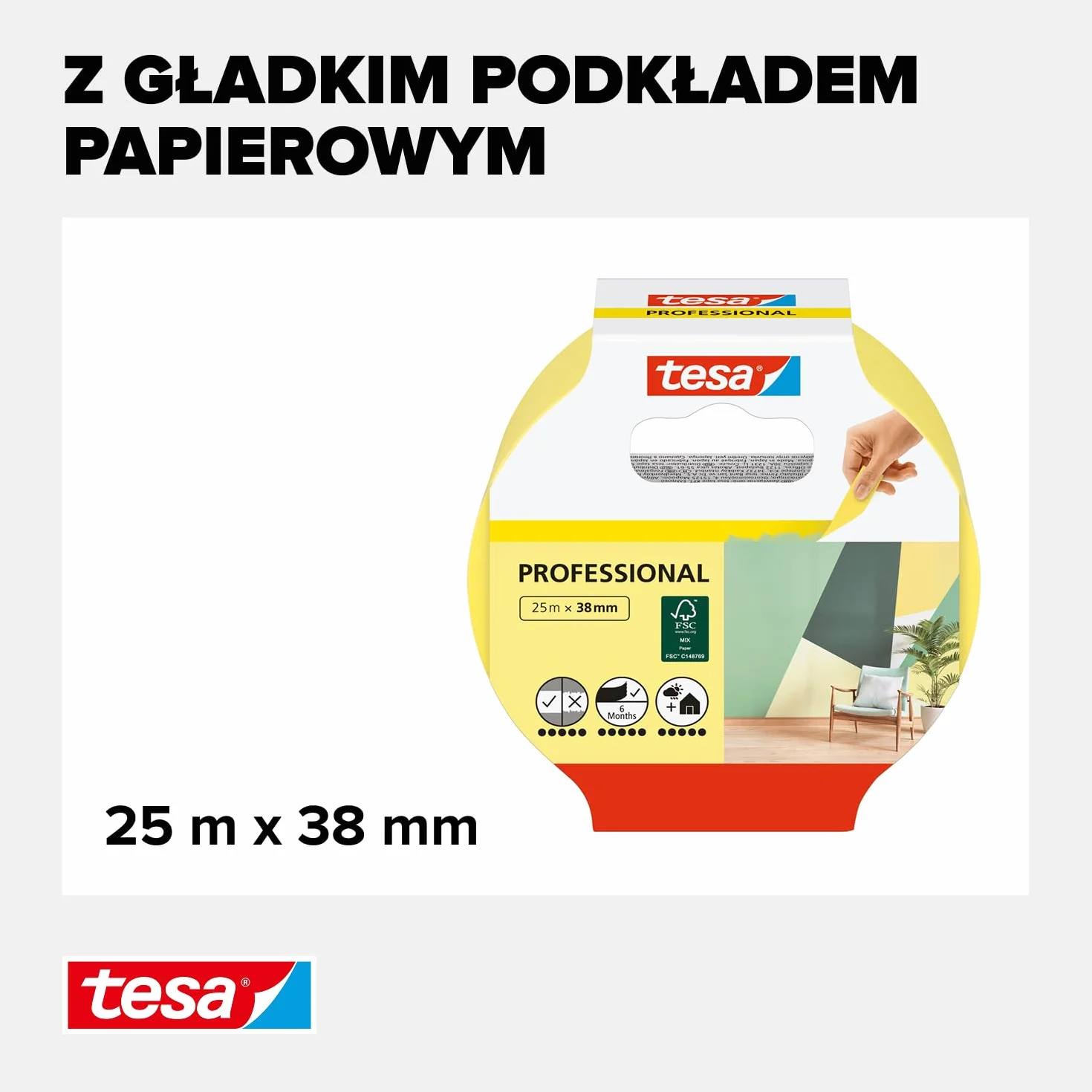 tesa Professional - malarska taśma maskująca z cienkiego papieru Washi do wyjątkowo precyzyjnego maskowania podczas malowania - do stosowania wewnątrz i na zewnątrz - 25m x 38mm