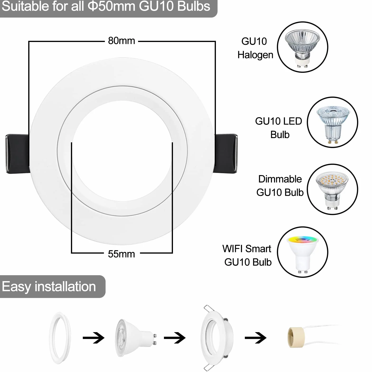 10x Reflektor wpuszczany GU10 biały aluminium, reflektory rama montażowa z gniazdem GU10, okrągły uchwyt wpuszczany bardzo płaski sufit do lamp LED lub halogenowych, otwór montażowy ø65mm