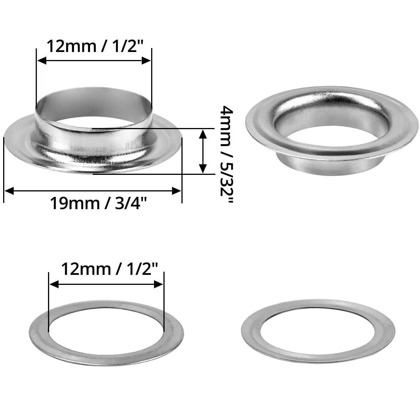 QWORK Zestaw narzędzi do przelotek, 500 sztuk przelotek i 500 sztuk podkładek do oczek, 12 mm (1/2 cala), srebrny, do butów, odzieży, plandek z tkaniny skórzanej, washer self backing