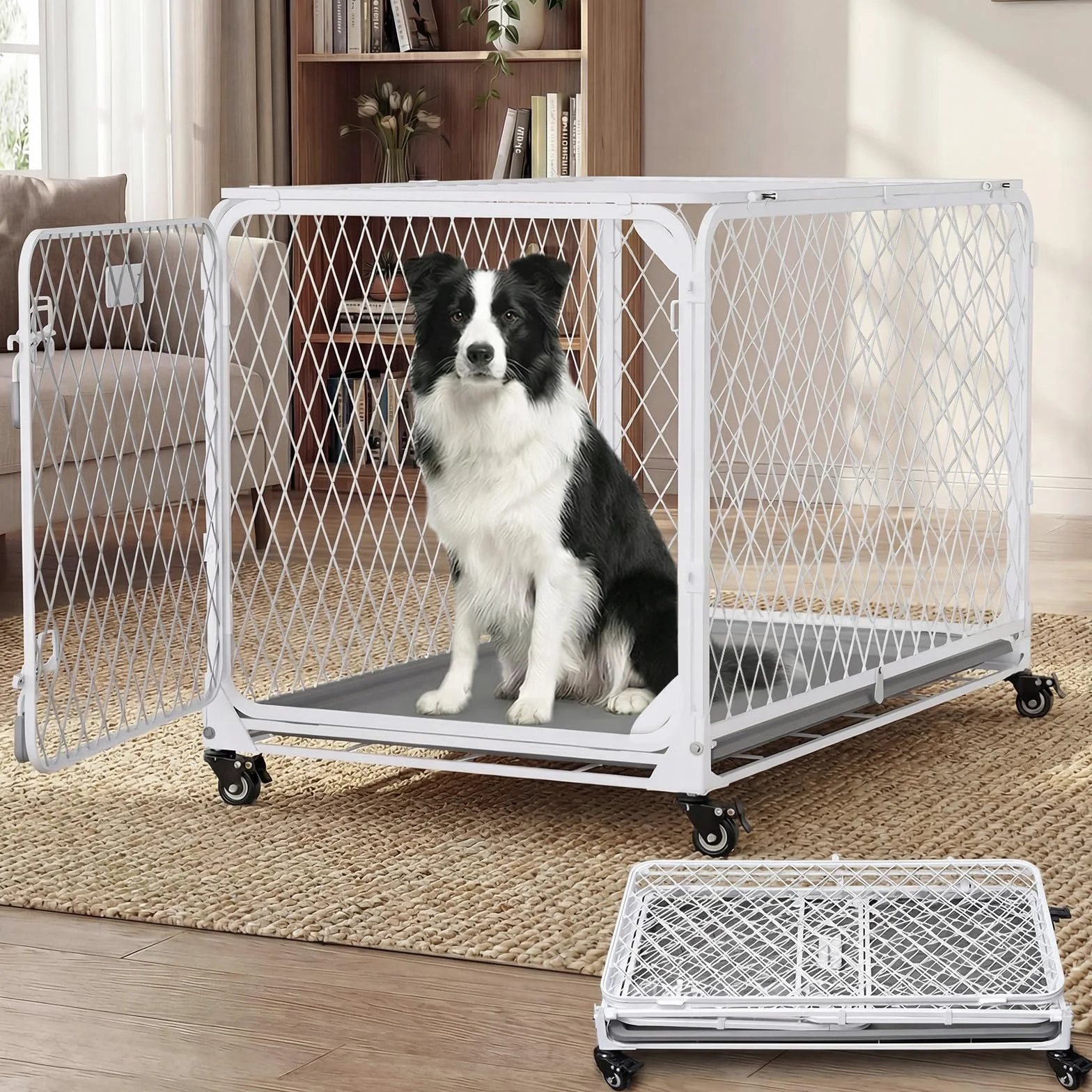 Gardner Pet 92 cm składana siatka dla psów, diamentowa siatka, bez montażu, metalowa buda dla psów z 4 zamykanymi kółkami, wyjmowana taca, przenośna składana klatka dla średnich psów (do 45 kg) do