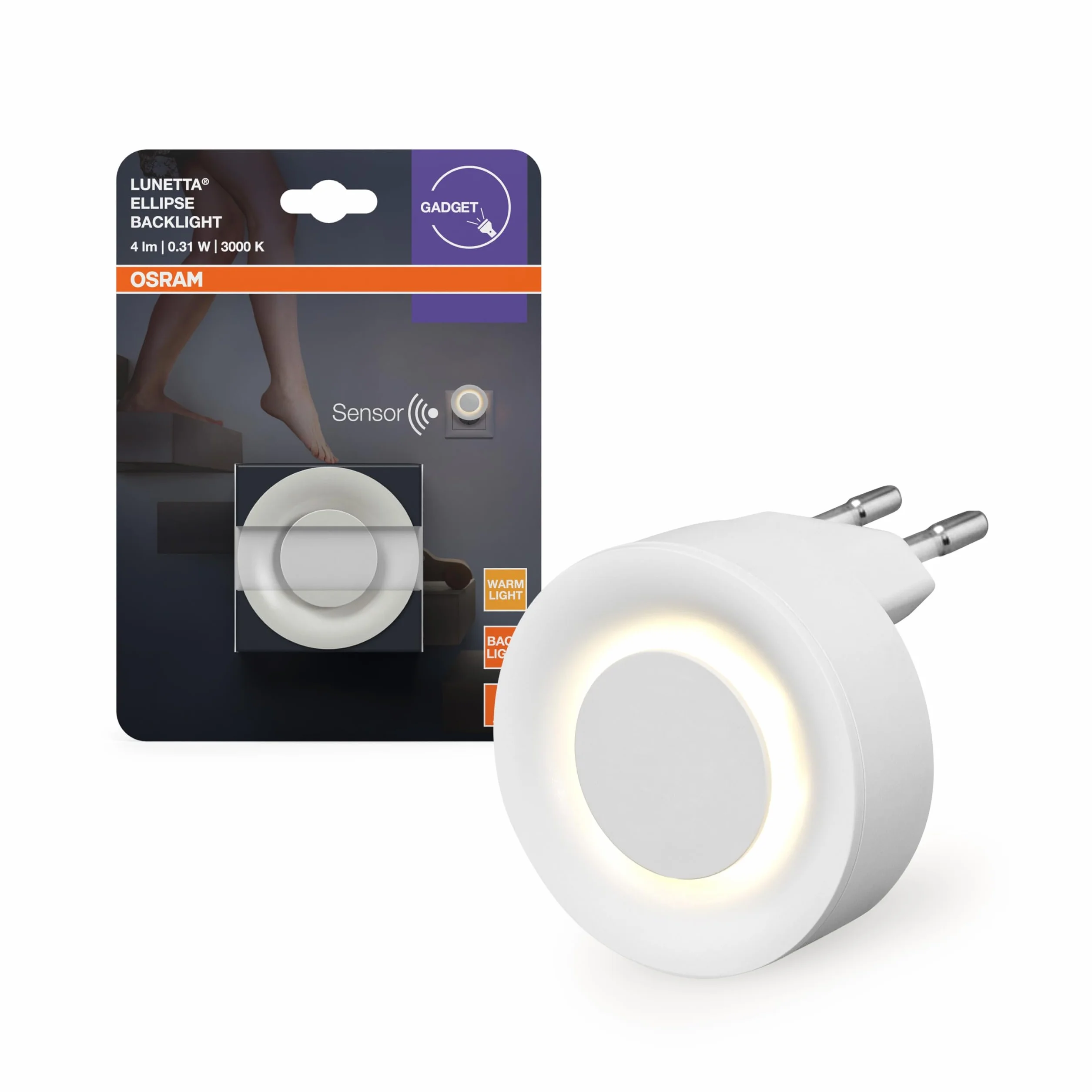 OSRAM Lunetta Backlight Ellipse White, lampa mobilna, 0,31 W, 4 lm, ciepła biel, lampka nocna z czujnikiem ruchu, czujnik dzień/noc, do użytku wewnątrz pomieszczeń