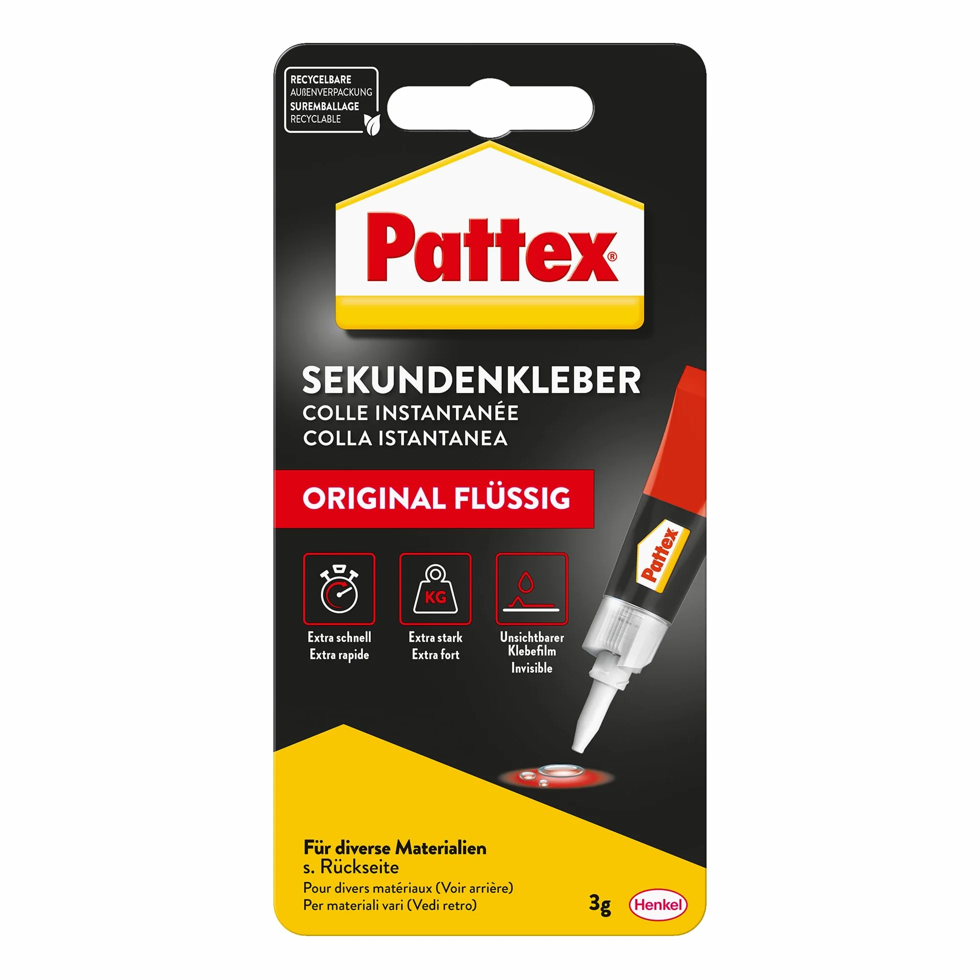 Klej w płynie Pattex superglue, 3 g, nadaje się do mycia w zmywarce, do wielu natychmiastowych napraw, szybkoschnący, bezbarwny klej w płynie
