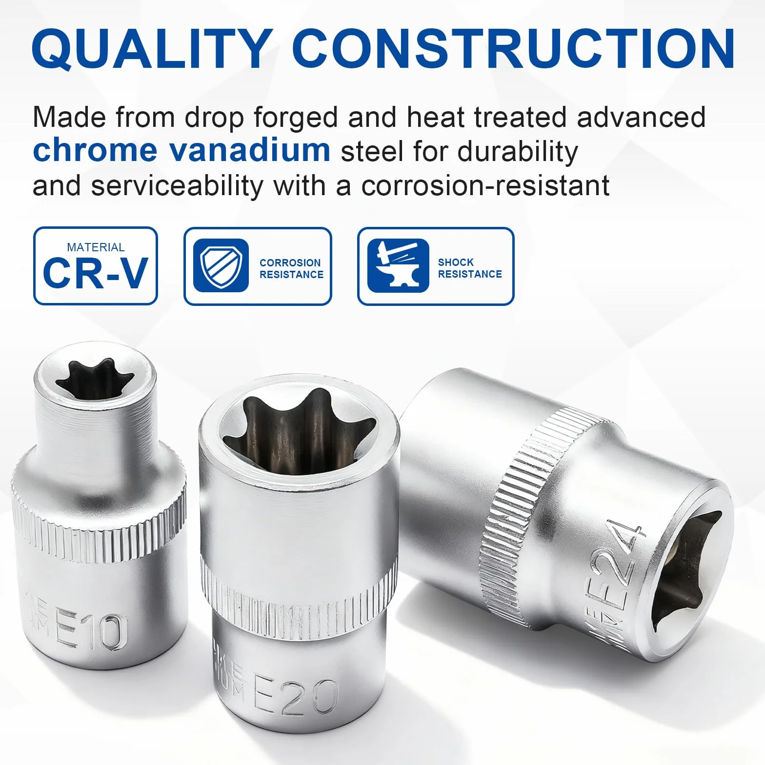 DAKCOS 9-częściowy zestaw kluczy nasadowych 1/2" E-Torx, profil E E10, E11, E12, E14, E16, E18, E20, E22, E24 z CR-V z matowym chromowanym wykończeniem