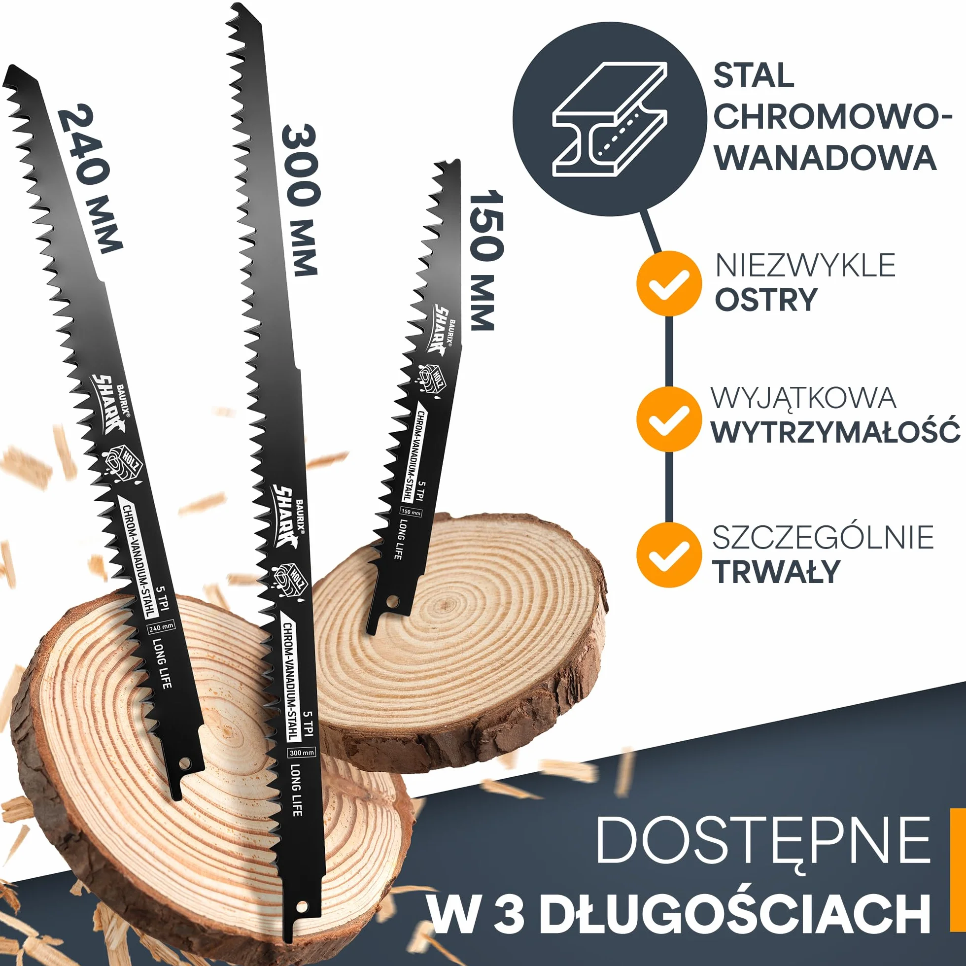 BAURIX® Brzeszczoty do wyrzynarki - SHARK® [5 sztuk] - 240mm - 5 TPI - Do szybkich, czystych cięć drewna