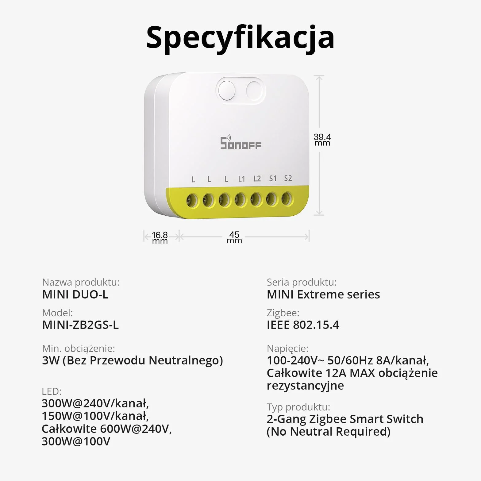 SONOFF MINI DUO-L Zigbee Smart Switch – No Neutral Wire, Zigbee 3.0, Dual Channel, Compact Design, Works with Alexa, Google Home