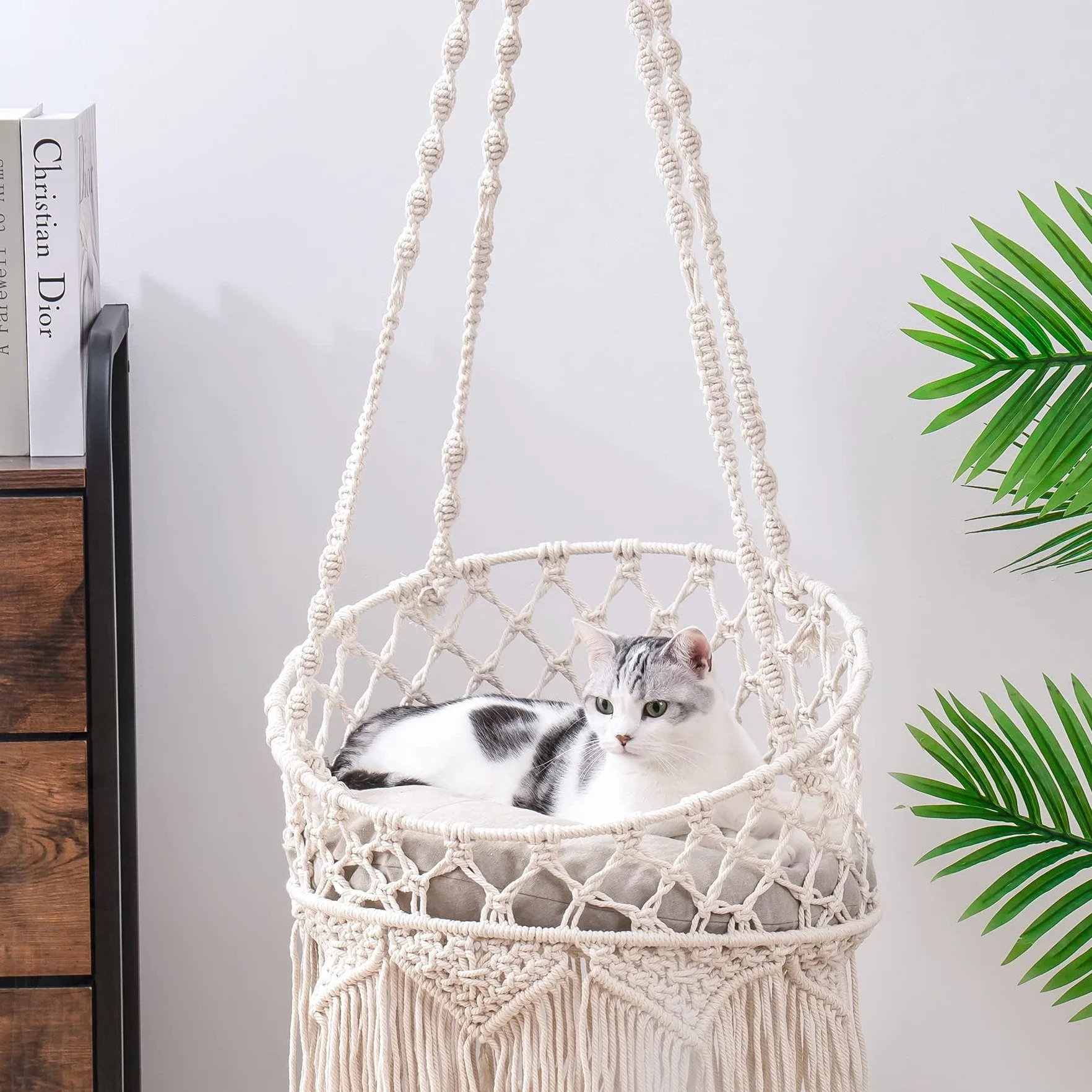 MEWOOFUN Ręcznie tkany hamak makramowy, boho, dla kotów domowych, dekoracyjne wiszące łóżko do spania, zabawy i relaksu, huśtawka dla zwierząt domowych z zestawem do zawieszania (styl 1)