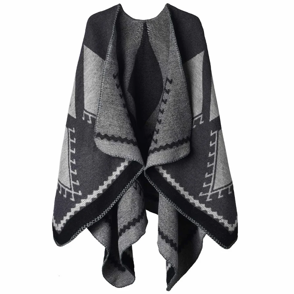 OOPOR Zimowy szal owijany ponczo peleryna - damski ciepły otwarty przód nadruk dwustronny koc oversize kardigan modny elegancki dzianinowy jesienny wełniany sweter w kratę polarowy szalik płaszcz