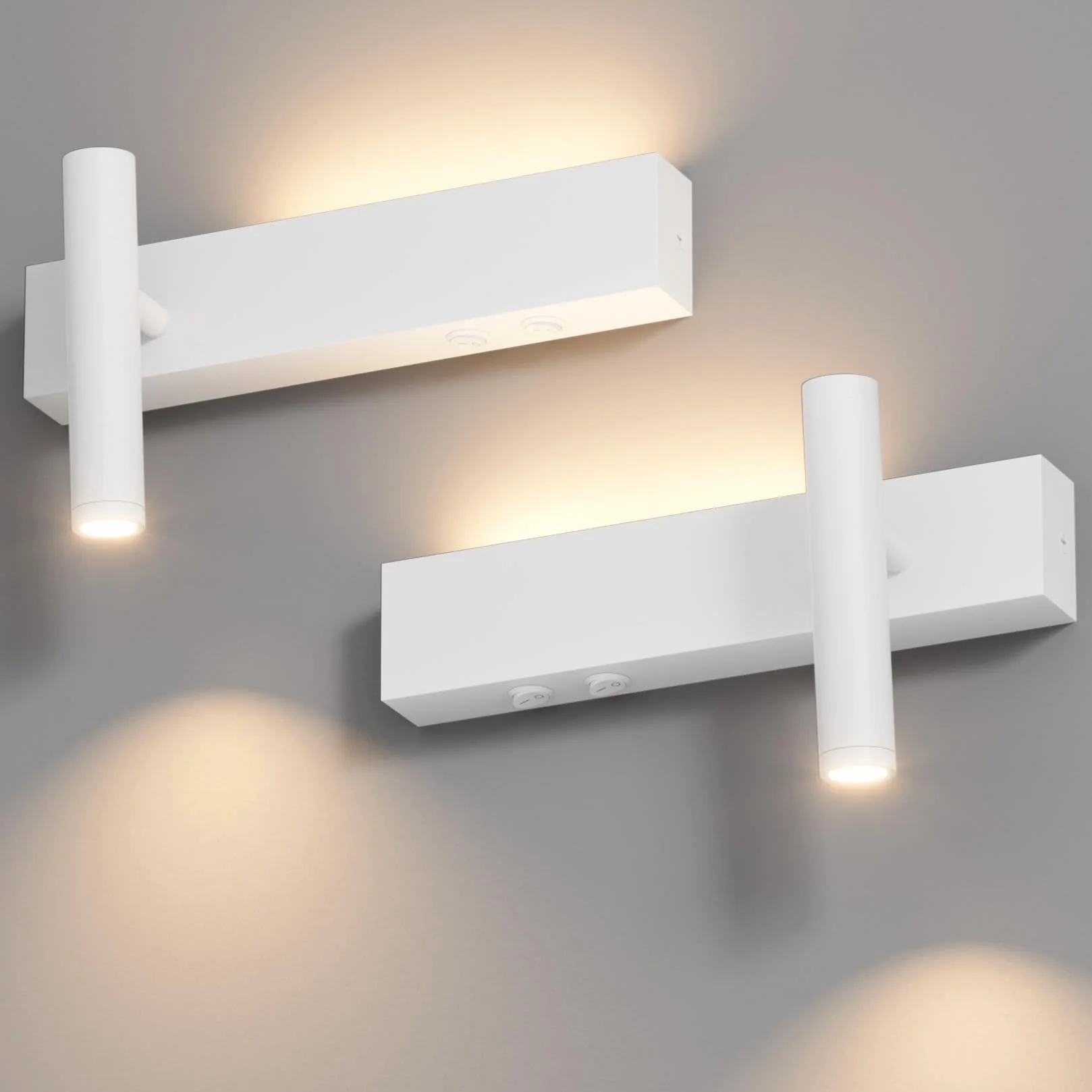 Klighten Lampa ścienna LED, 2 sztuki, 3 W + 3 W, 2-punktowa, 3000 K, z 2 przełącznikami, okrągły reflektor ścienny, obracany o 330°/regulowany o 60°, do salonu, aluminium, ciepła biel, biały